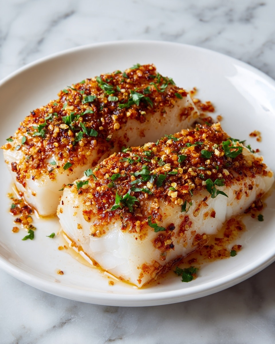 Two pieces of white fish fillets lie side by side on a white plate, each covered with a generous layer of orange and brown spices and small green herbs. The fish pieces have a smooth, slightly translucent texture and look fresh with the spices unevenly spread across the top, adding a grainy, textured look. The plate sits on a white marbled surface, giving a clean and bright background to the close-up image. Photo taken with an iphone --ar 4:5 --v 7