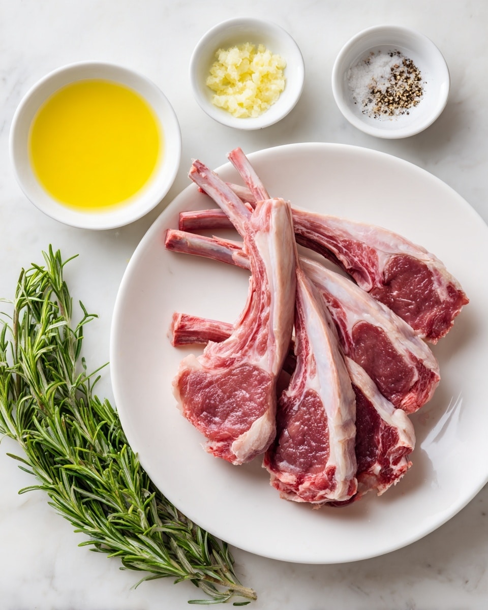 The image shows a white plate with three raw lamb chops placed side by side, each with a light pink and red marbled texture and long bones extending outward. Next to the plate are three small white bowls arranged loosely: one filled with bright yellow olive oil, another with minced garlic, and the last containing a mix of salt and black pepper. Two fresh, green rosemary sprigs lie above the plate, all set on a white marbled surface. photo taken with an iphone --ar 4:5 --v 7