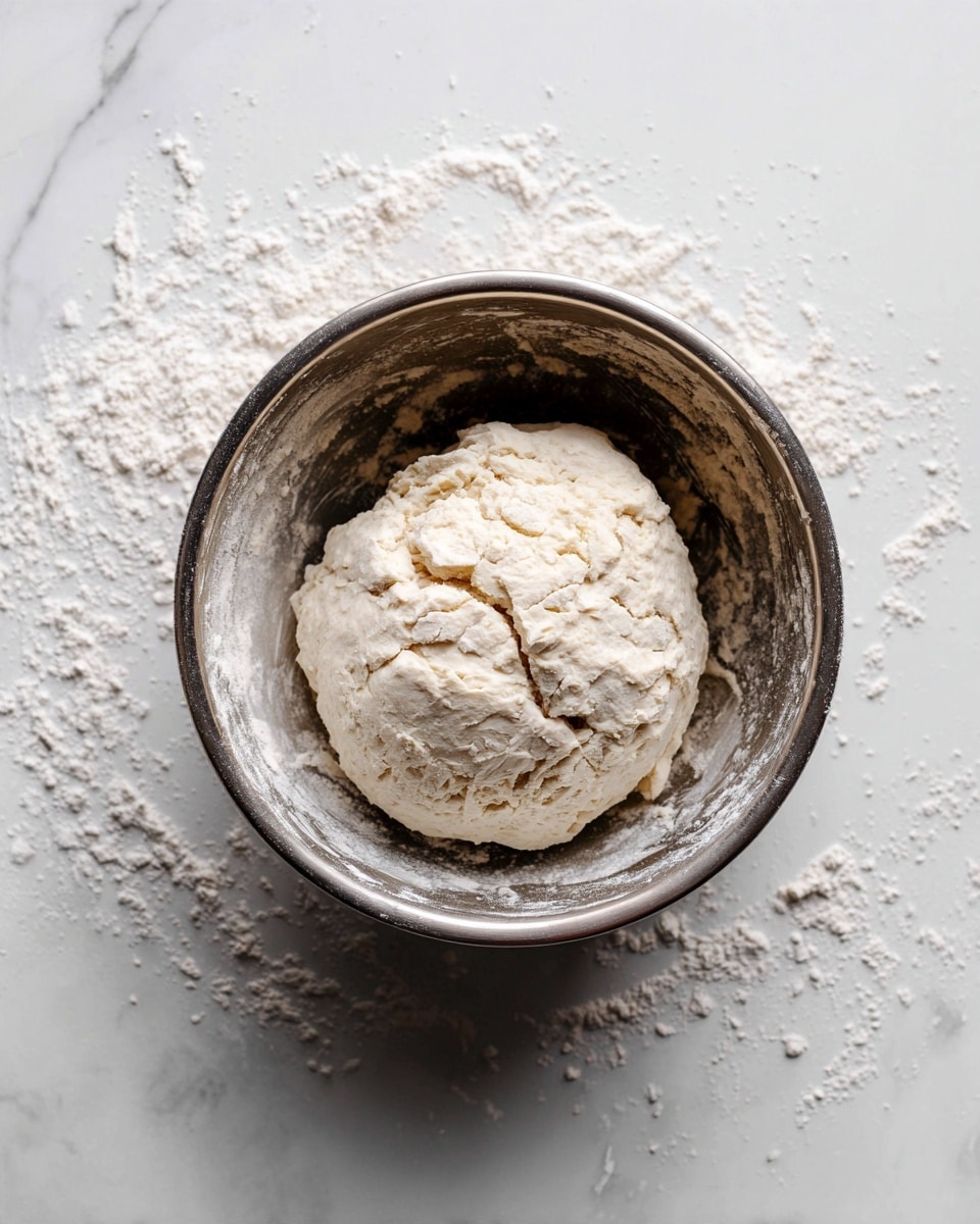 A close-up image shows a ball of white dough with a few cracks on its surface placed inside a round metal bowl. The dough appears soft but slightly dry, resting in the center of the bowl, which has some scattered bits of flour and dough stuck to its walls. The bowl is on a white marbled surface, adding a clean and bright contrast to the dull metal and white dough photo taken with an iphone --ar 4:5 --v 7