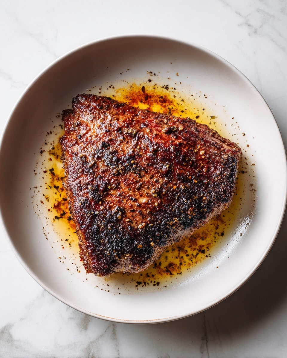 A piece of steak with a dark brown charred crust and some blackened spots lies in the center of a white pan. The steak has a textured surface with a mix of crispy areas and slight seasoning visible. Around the steak, there is melted butter with small bits of black pepper and browned residue from cooking, creating a glistening effect on the pan’s smooth surface. The background has a clean white marbled texture. photo taken with an iphone --ar 4:5 --v 7