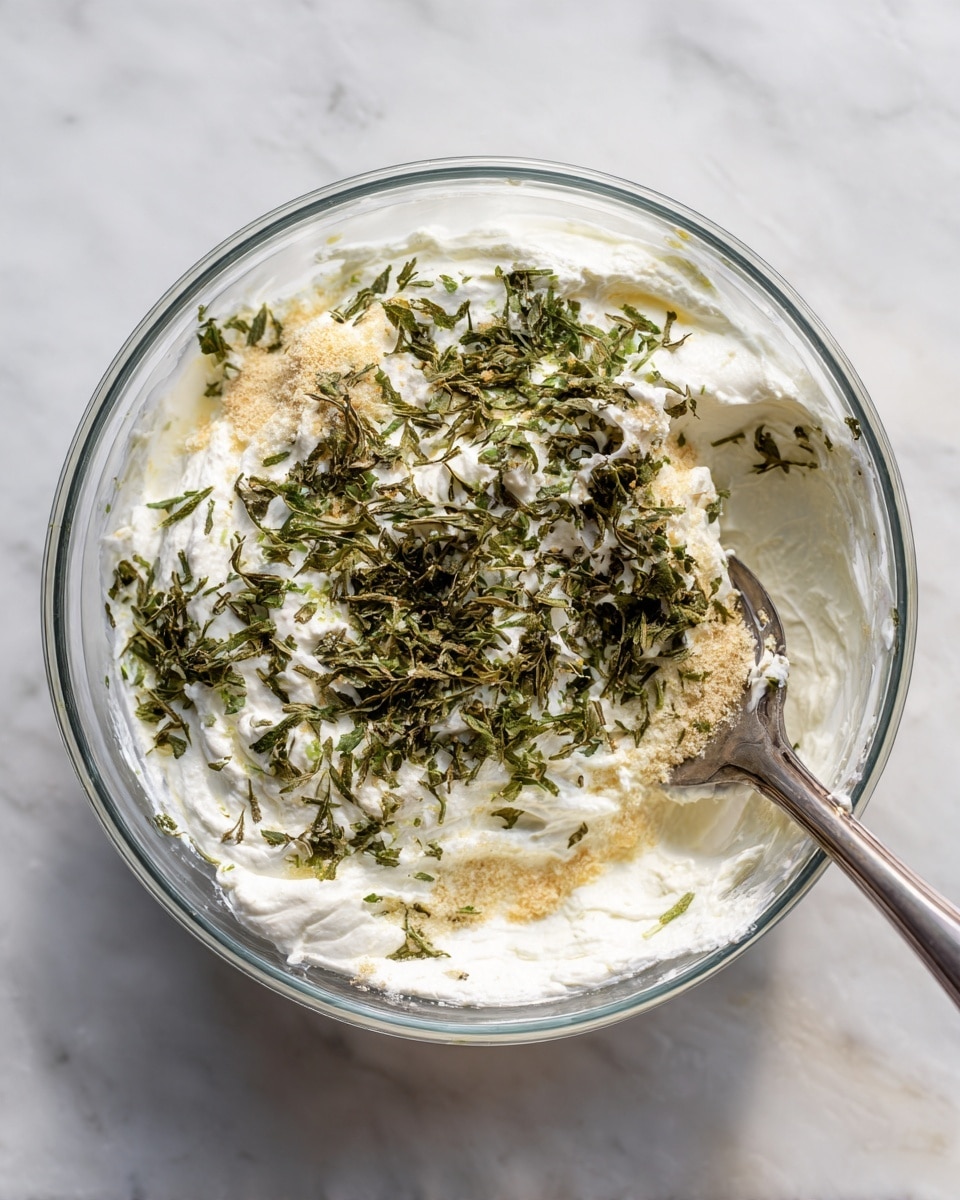 In a clear glass bowl, there is a mix of three layers: a thick, white creamy base, topped with small bunches of chopped green herbs scattered unevenly, and a light dusting of fine, pale brown powder spread mostly on one side. A silver spoon is partially dipped into the mixture on the right side, with some herbs stuck to it. The bowl sits on a white marbled surface. Photo taken with an iphone --ar 4:5 --v 7