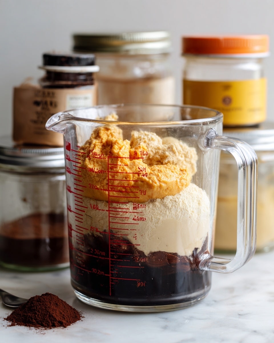 A clear glass measuring cup with red measurement marks holds four separate layers of ingredients inside: a chunky light orange layer on the left, a thick dark brown layer on the bottom right, a pale beige dollop on the lower part of the brown layer, and a loose pale yellow powder on the upper right side; three jars surround the cup, one with a brownish label on the left, one small jar with an orange lid behind the cup, and a jar with a yellow label on the right; all sit on a white marbled surface photo taken with an iphone --ar 4:5 --v 7