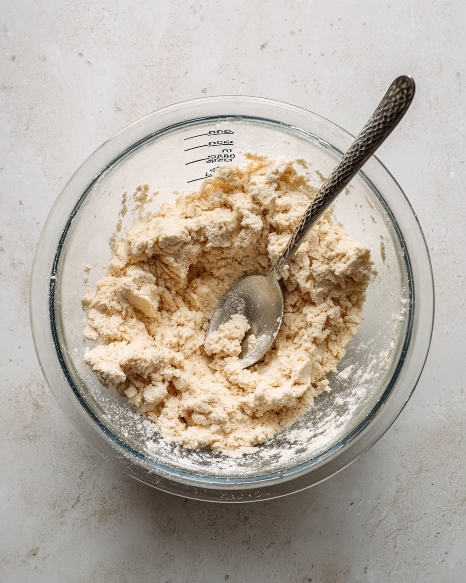 A clear glass measuring bowl sits on a white marbled surface filled with crumbly dough mixture that is pale beige in color with a rough, uneven texture. Inside the bowl, a shiny silver spoon with a hammered handle is partially buried in the dough, showing small clumps sticking to it. The bowl has measurement markings visible on the side, and some white flour dust is scattered along the inner edges. Photo taken with an iphone --ar 4:5 --v 7