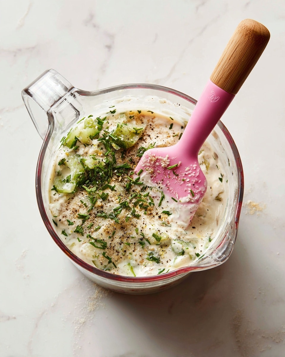 A clear glass measuring cup filled with a creamy white base, topped with chopped green pickles, fresh green herbs, and ground black pepper, with a small amount of light brown seasoning on the side. A pink silicone spatula with a wooden handle rests inside the cup, partially coated with the creamy mixture. The measuring cup sits on a white marbled surface, and the scene is brightly lit. Photo taken with an iphone --ar 4:5 --v 7