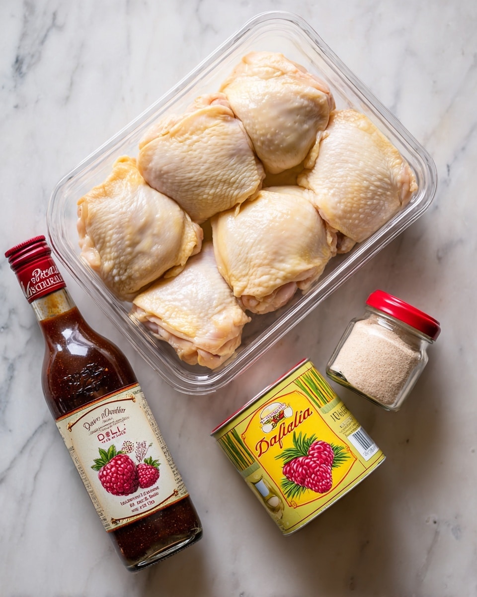A clear plastic container holds eight raw chicken thighs arranged in two layers, each piece creamy pale yellow with smooth skin folded neatly, filling the container fully. Below the container on a white marbled surface are three seasoning items: a large glass bottle of roasted raspberry chipotle sauce with a dark brown liquid and a white label featuring a big red raspberry image; a tall tin canister of paprika called
