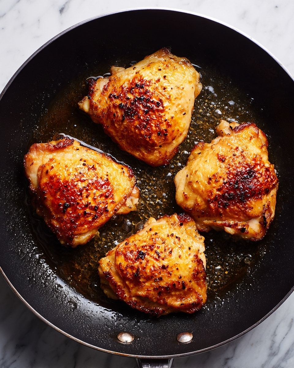 Four pieces of cooked chicken with golden brown, slightly crispy skin are arranged in a black frying pan. Each piece has a textured surface with darkened spots from cooking, sitting in a shallow pool of oil. The pan looks well-used with a dark, oily background, and light steam rises from the hot chicken. The image is bright and focused, showing the juicy texture of the chicken skin clearly, against a white marbled surface. photo taken with an iphone --ar 4:5 --v 7