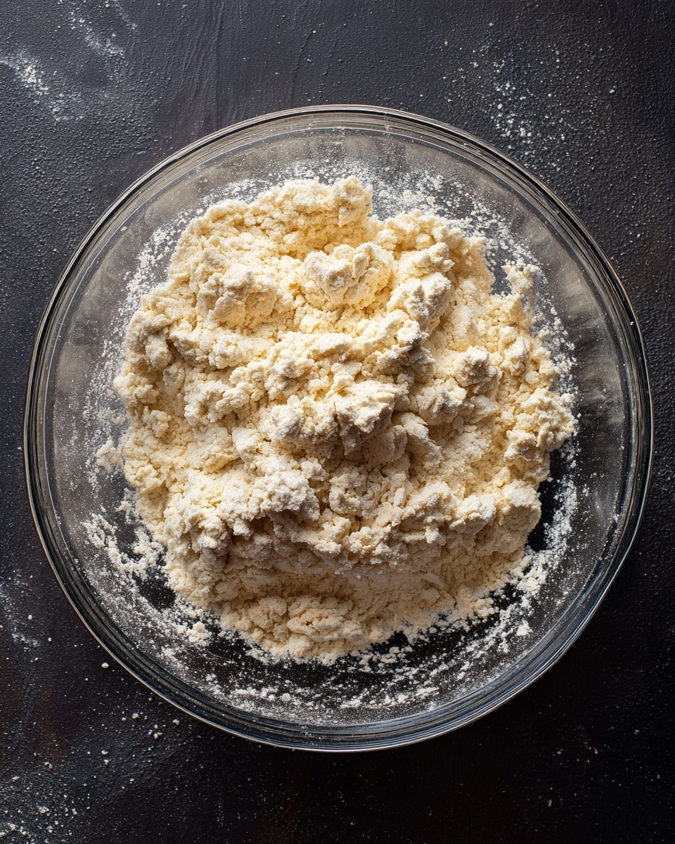 A clear glass bowl sits on a dark surface filled with rough, crumbly dough that is pale beige in color, with visible small clumps and an uneven texture. The dough looks dry with some loose flour powder scattered on the sides inside the bowl, creating a rough and coarse visual effect. The bowl is round with transparent walls, allowing you to see the dough from the side and above. Photo taken with an iphone --ar 4:5 --v 7