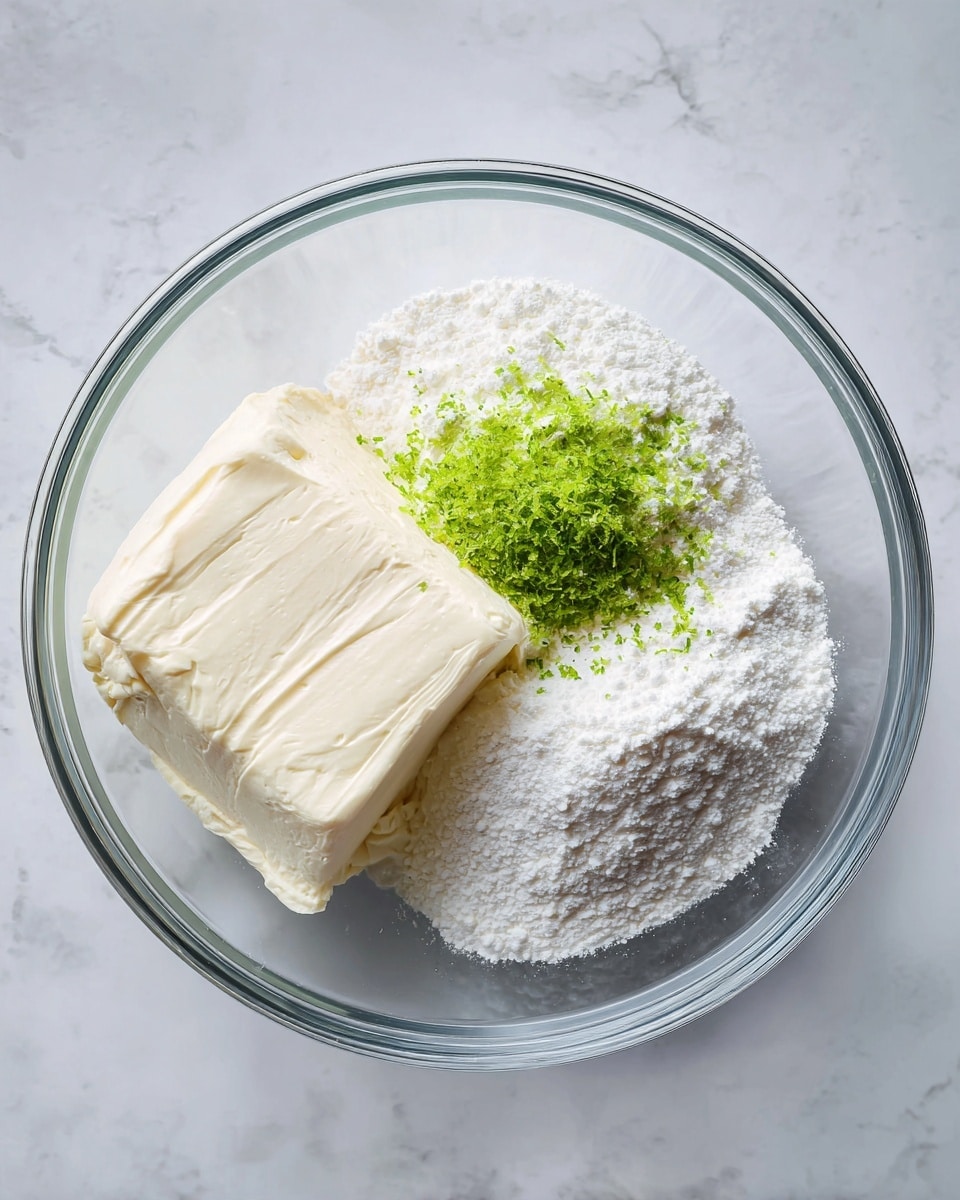 A clear round glass bowl sits on a white marbled surface, holding three main ingredients side by side: a large, smooth block of pale cream cream cheese on the left, a pile of fine white powdered sugar on the right, and a small mound of bright green lime zest resting on top of the cream cheese. The textures contrast with the soft, creamy block, the powdery sugar, and the slightly rough lime zest. The bowl edges are simple and clear, showing a clean and fresh setup. photo taken with an iphone --ar 4:5 --v 7