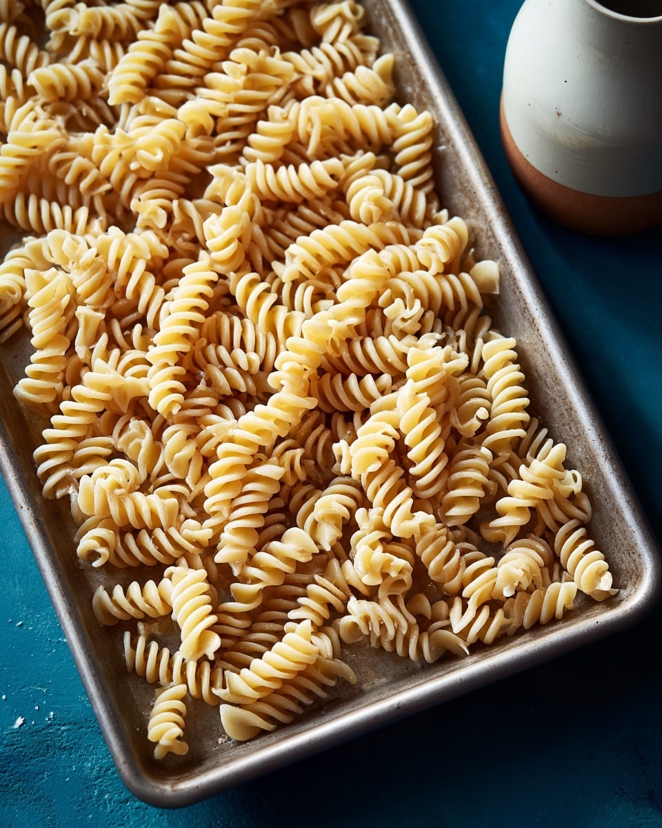 A close-up view of a metal baking tray filled with a single layer of cooked short spiral pasta, spread evenly across the tray. The pasta is pale yellow with a slightly shiny texture. The tray sits on a dark blue surface, and to the right of the tray is a white ceramic bottle with a light brown base. The image is well-lit, highlighting the texture of the pasta and the metal tray. photo taken with an iphone --ar 4:5 --v 7