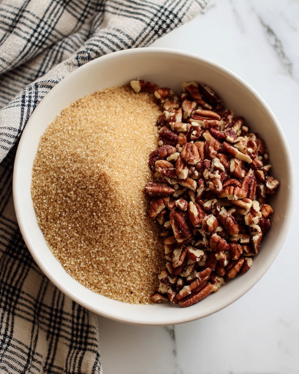 A white bowl on a white marbled surface holds two main layers: on the left side, a mound of light brown soft packed sugar, and on the right side, a pile of chopped pecans with a rich reddish-brown color and rough texture. Both ingredients sit side by side without mixing. The bowl is placed on a black and white checkered cloth. Photo taken with an iphone --ar 4:5 --v 7