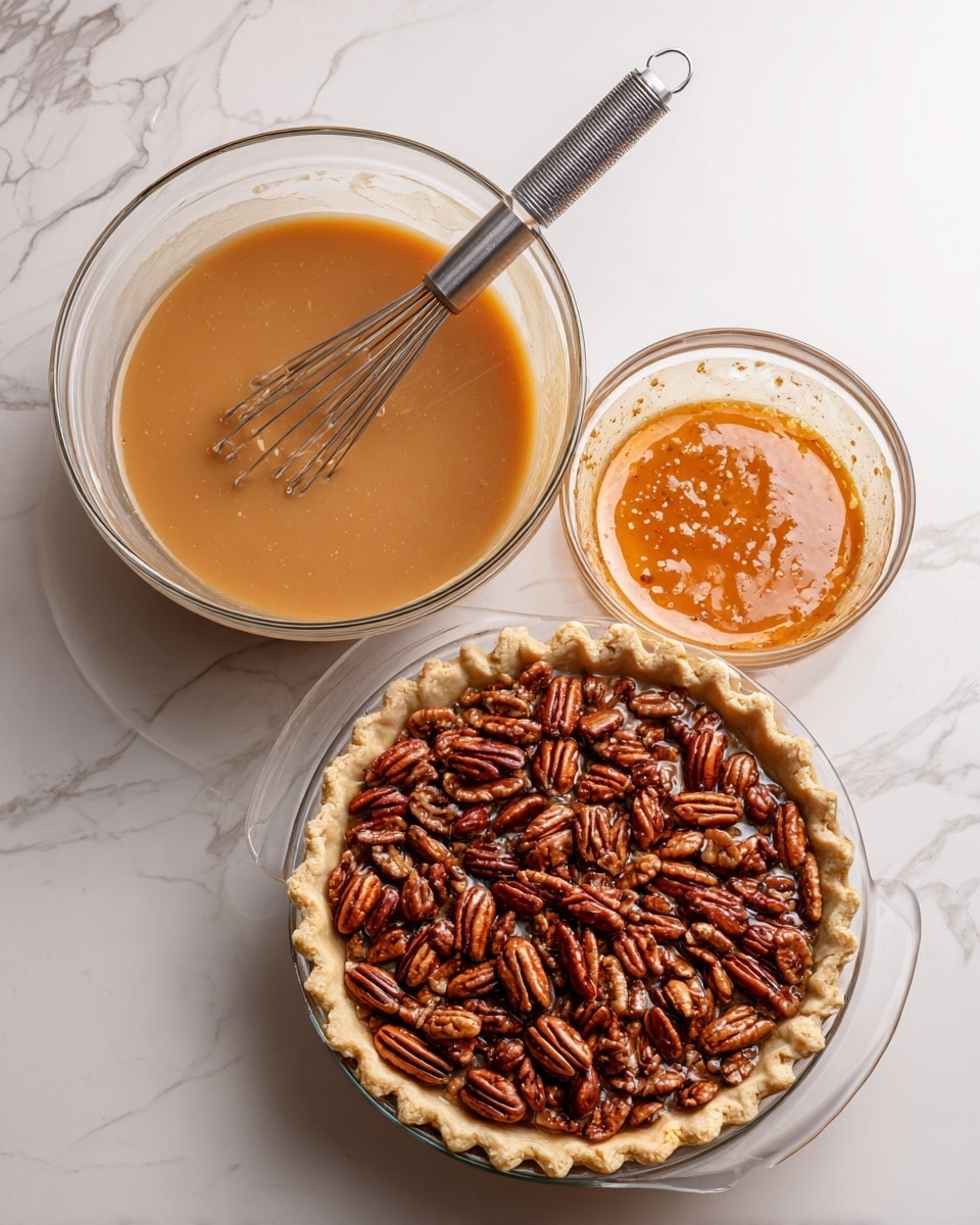 The image shows three main parts on a white marbled surface: a large clear glass bowl filled with smooth, light brown caramel-colored liquid with a small whisk resting inside, a smaller clear glass bowl with some sticky orange residue inside, and a clear glass pie dish holding a pale, uncooked crust filled with a layer of whole, glossy brown pecan nuts evenly spread on top. Photo taken with an iphone --ar 4:5 --v 7