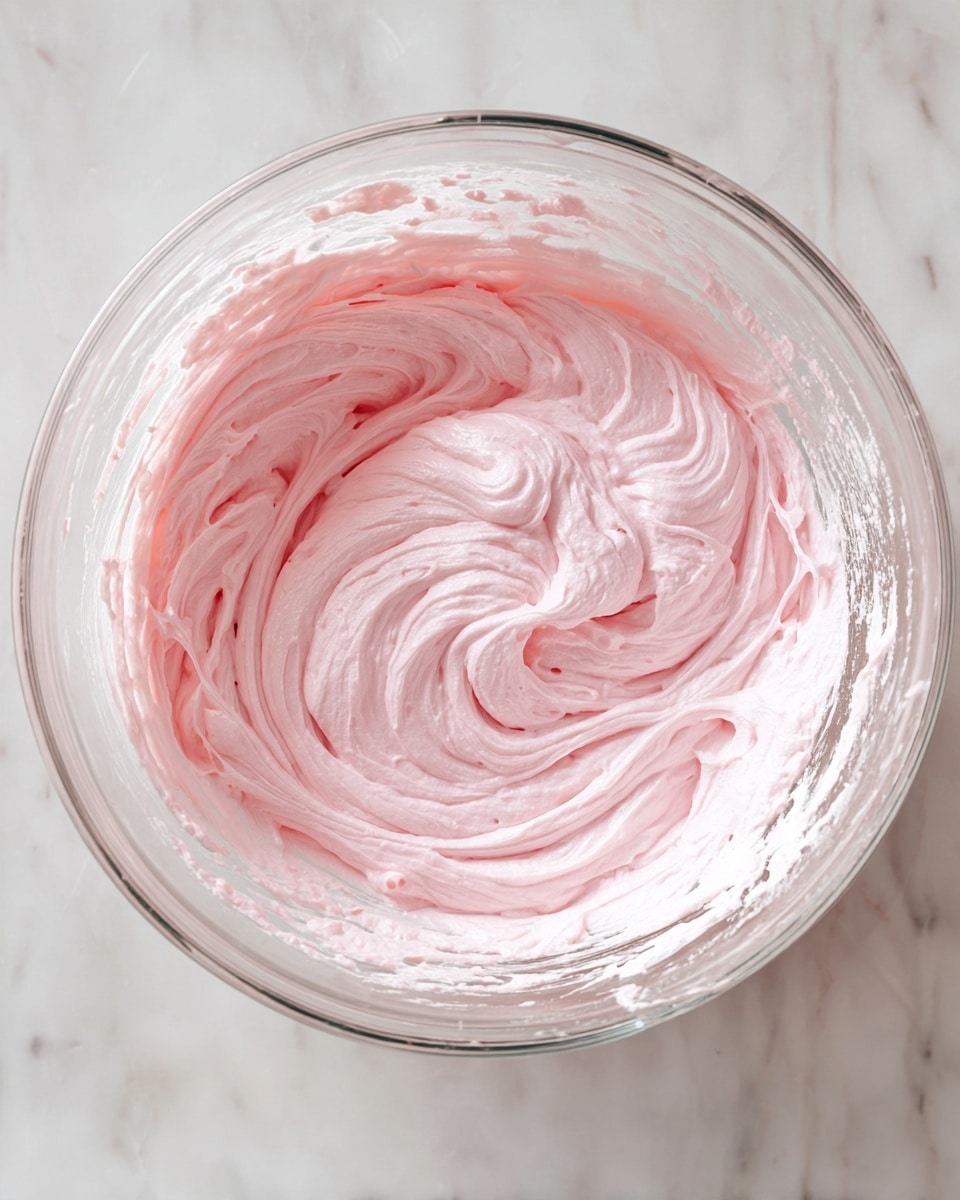 A clear glass mixing bowl contains a single layer of soft, fluffy, light pink mixture with a smooth, whipped texture. The bowl sits on a white marbled surface, and the inside of the bowl shows some mixture residue around the edges, suggesting it has been stirred recently. The mixture fills about one-third of the bowl, with swirls and peaks giving it a light and airy look. photo taken with an iphone --ar 4:5 --v 7