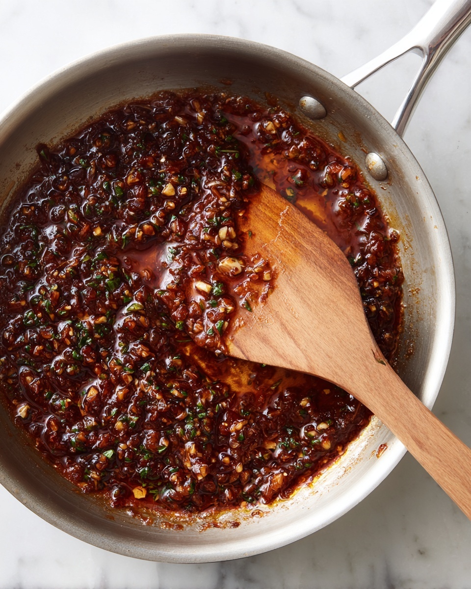 A silver pan filled with a rich dark red sauce mixed with small chopped pieces of garlic and green herbs, creating a textured top layer with a shiny, oily surface. The sauce has a mix of deep brown and bright red colors, showing a spicy and oily look. A wooden spatula rests inside the pan, partially covered in the sauce, with its smooth light brown wood grain visible. The pan sits on a white marbled surface, adding a clean and smooth background. photo taken with an iphone --ar 4:5 --v 7