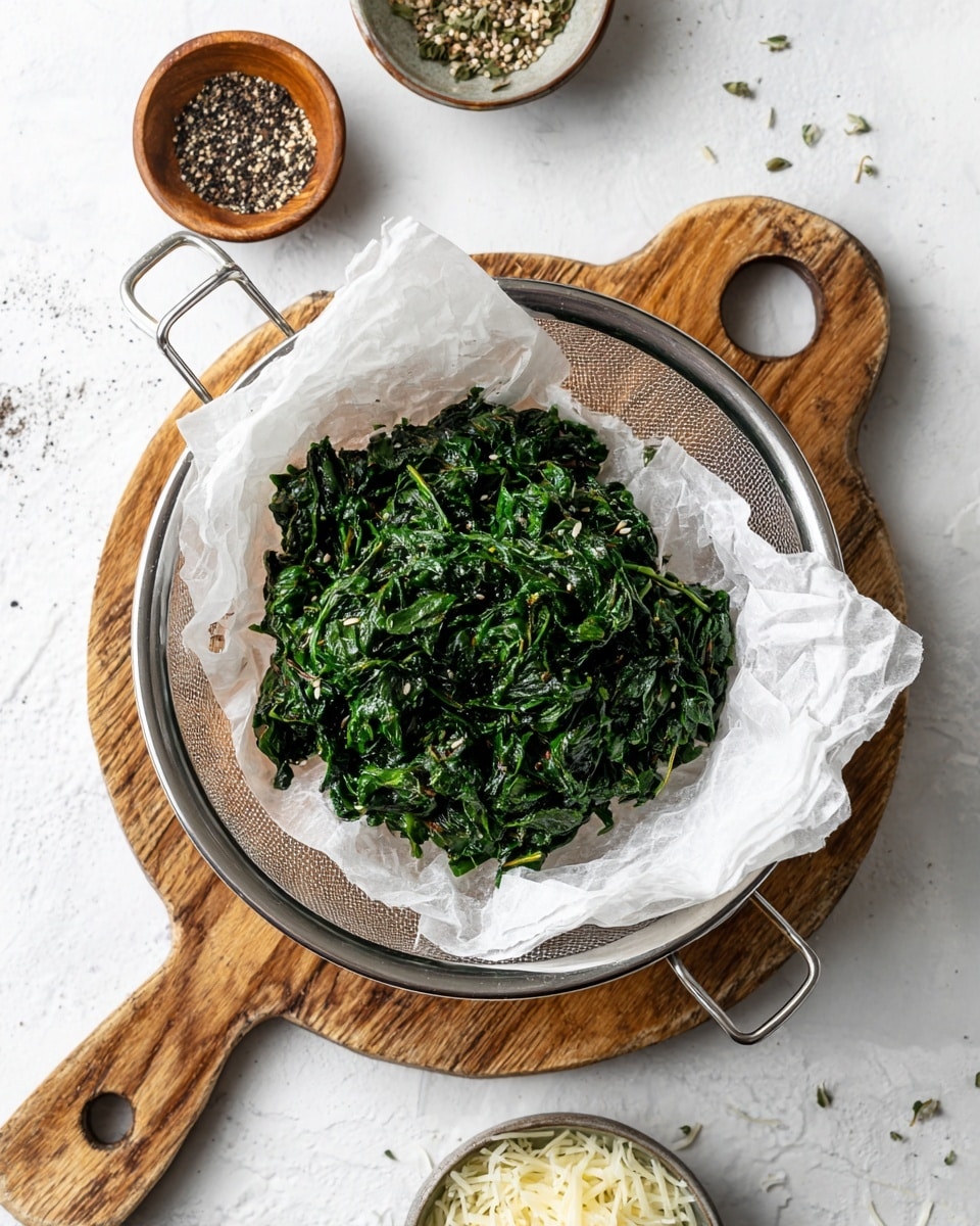 A metal strainer lined with white paper towels holds a mound of cooked dark green spinach with a slightly wet texture. The strainer is placed on a round wooden board with a handle cutout, all set on a white marbled surface. Surrounding the strainer, there are small bowls holding black pepper, hemp seeds, and shredded cheese, all on the same white marbled surface. The scene is bright and clean with natural lighting. photo taken with an iphone --ar 4:5 --v 7