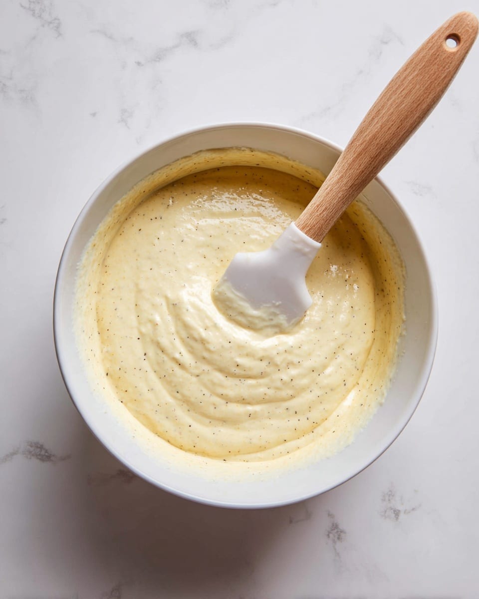 A white mixing bowl filled with a thick, light yellow batter speckled with small black dots, showing a creamy yet slightly grainy texture. A white spatula with a wooden handle is partially dipped into the batter, resting on the left side of the bowl, with some batter spread on its flat surface. The bowl sits on a white marbled surface with soft natural light creating gentle shadows around the bowl. photo taken with an iphone --ar 4:5 --v 7