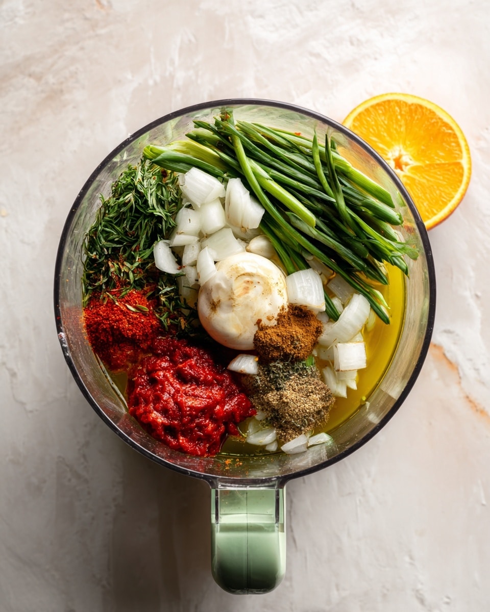 The image shows a top view of ingredients inside a clear food processor bowl. The bowl contains green herb stems on the left, chunks of white onion scattered around, a pile of red paste at the bottom left, and three piles of brown powdered spices on the right side. There is some yellow liquid visible beneath the ingredients, likely oil, and an orange cut in half is placed on a white marbled textured surface beside the bowl. The clear bowl has a pale green handle. photo taken with an iphone --ar 4:5 --v 7