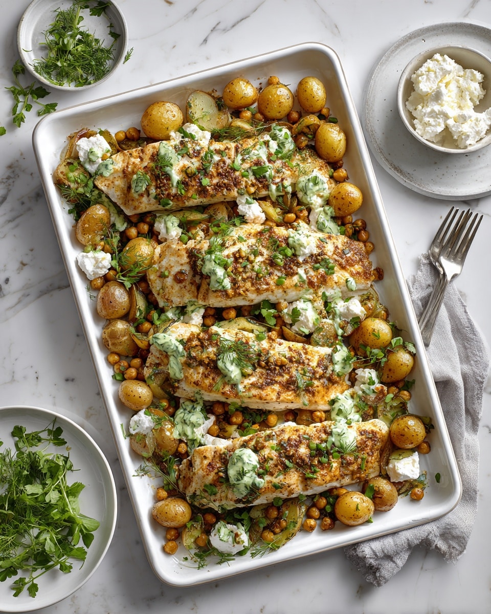 Sheet Pan Salmon with Potatoes, Chickpeas, and Herbed Yogurt Sauce Recipe