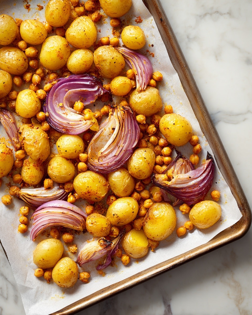 A baking tray lined with white parchment paper holds a mix of small yellowish potatoes, golden brown chickpeas, and rings of red onion. The potatoes are whole, spread out evenly across the tray, and have a slightly matte texture with a warm, golden spice coating. The chickpeas are scattered generously between and on top of the potatoes, showing a light crispiness from roasting. The onion slices are curved and layered, with a purple-red outer color fading into white near the center, also dusted with spices that give a slightly darker orange tint. The tray sits against a white marbled surface, and the overall scene shows a warm roasted dish ready to be served. photo taken with an iphone --ar 4:5 --v 7