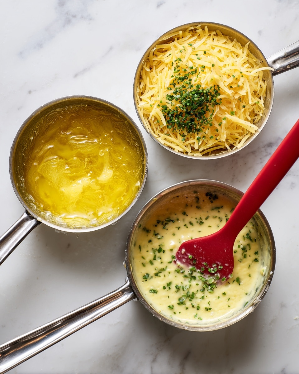 Three metal saucepans sit side by side on a white marbled surface. The first saucepan holds melted yellow butter with some small bits in it, showing a smooth, shiny texture. The second saucepan contains shredded yellow cheese, mostly piled in the center, with some salt and chopped green herbs sprinkled on top, adding some fine texture and color contrast. In the third saucepan, the mixture is fully combined into a creamy light yellow sauce with tiny green herb flecks, and a red spatula rests inside the pan, partially submerged in the sauce. photo taken with an iphone --ar 4:5 --v 7