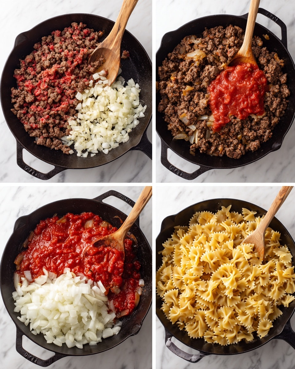 A black cast iron skillet sits on a white marbled surface, shown in four stages of cooking. The first stage shows raw red ground beef, chopped white onions, and minced garlic piled at the bottom of the skillet. In the second stage, the beef is browned and mixed with the softened onions, stirred with a wooden spoon. The third stage adds bright red tomato sauce on one side of the cooked meat mixture, partially stirred by the wooden spoon. The final stage shows cooked yellow bowtie pasta mixed into the meat and sauce, with the wooden spoon resting inside the skillet. Photo taken with an iphone --ar 4:5 --v 7