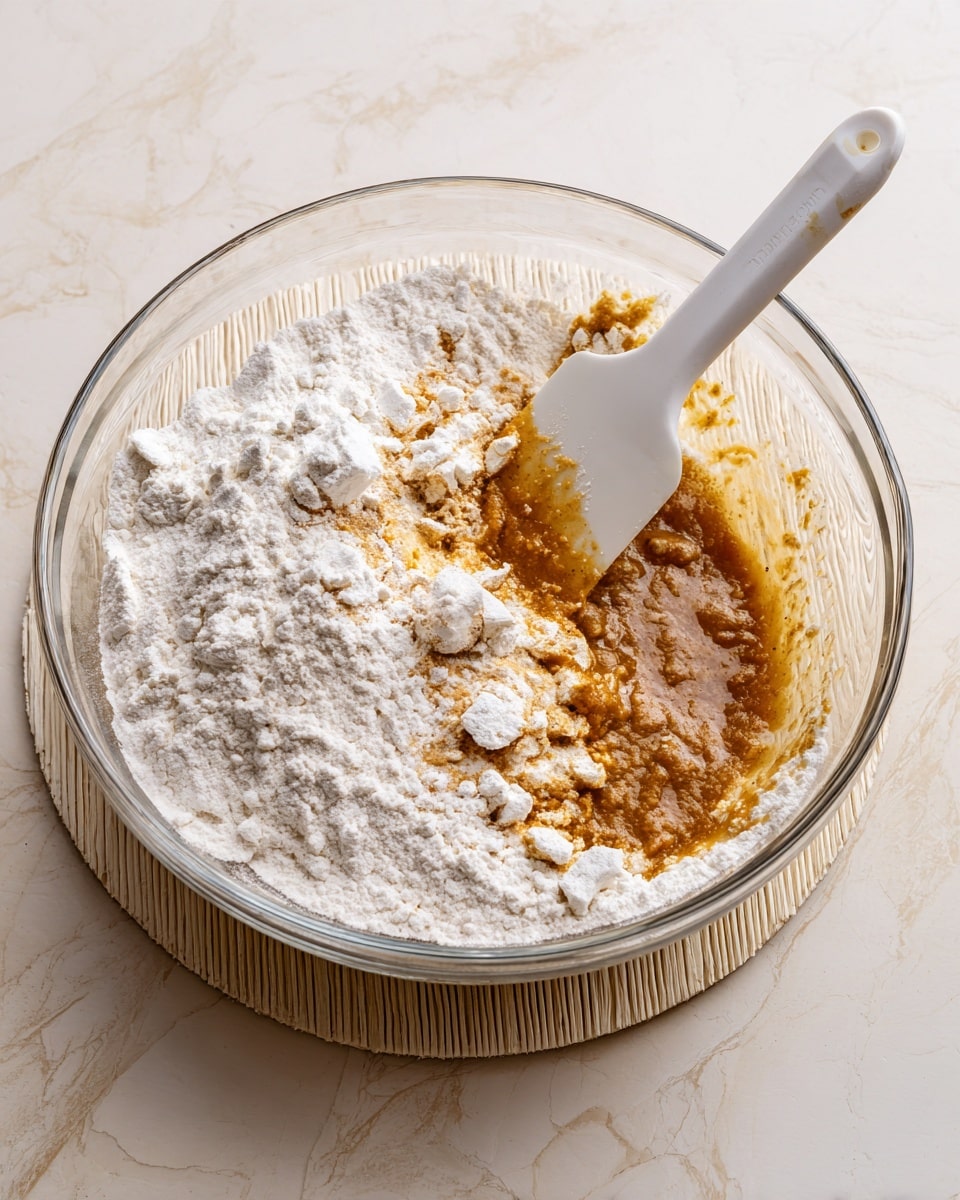 A clear glass bowl sits on a beige woven placemat on a white marbled surface. Inside the bowl, there is a mixture with uneven layers: a thick layer of white flour with powdery texture scattered on top and around one side, beneath this flour layer is a sticky, amber-brown mixture with chunks visible in it. A white spatula is partially submerged on the right side of the bowl, resting against the bowl’s edge. Photo taken with an iphone --ar 4:5 --v 7