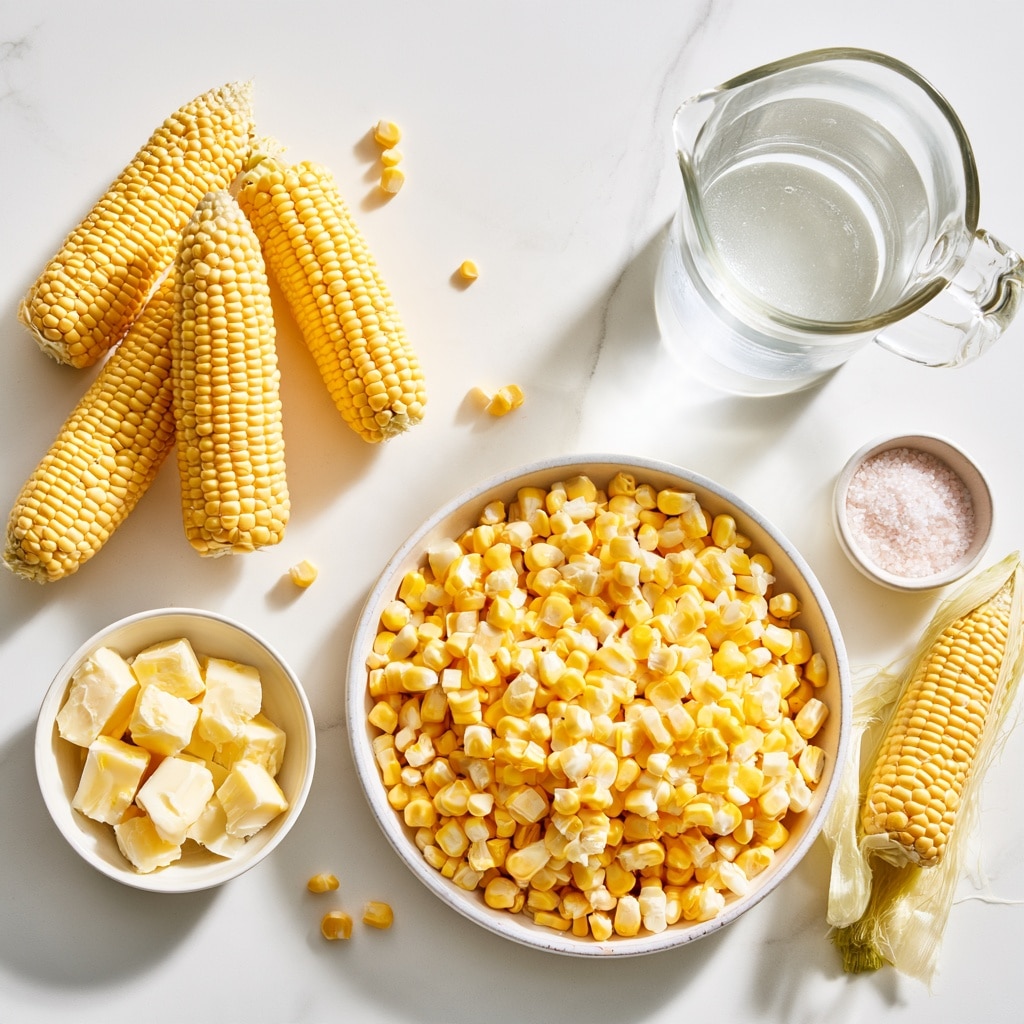 A large black roasting pan filled with one thick layer of bright yellow corn kernels spread evenly inside. On top of the corn, there are four rectangular blocks of pale yellow butter placed spaced apart. The pan sits on a white marbled surface with a silver roasting tray leaning against the wall behind it. A woman's hand and part of a blue floral dress are visible near the bottom right corner. photo taken with an iphone --ar 4:5 --v 7