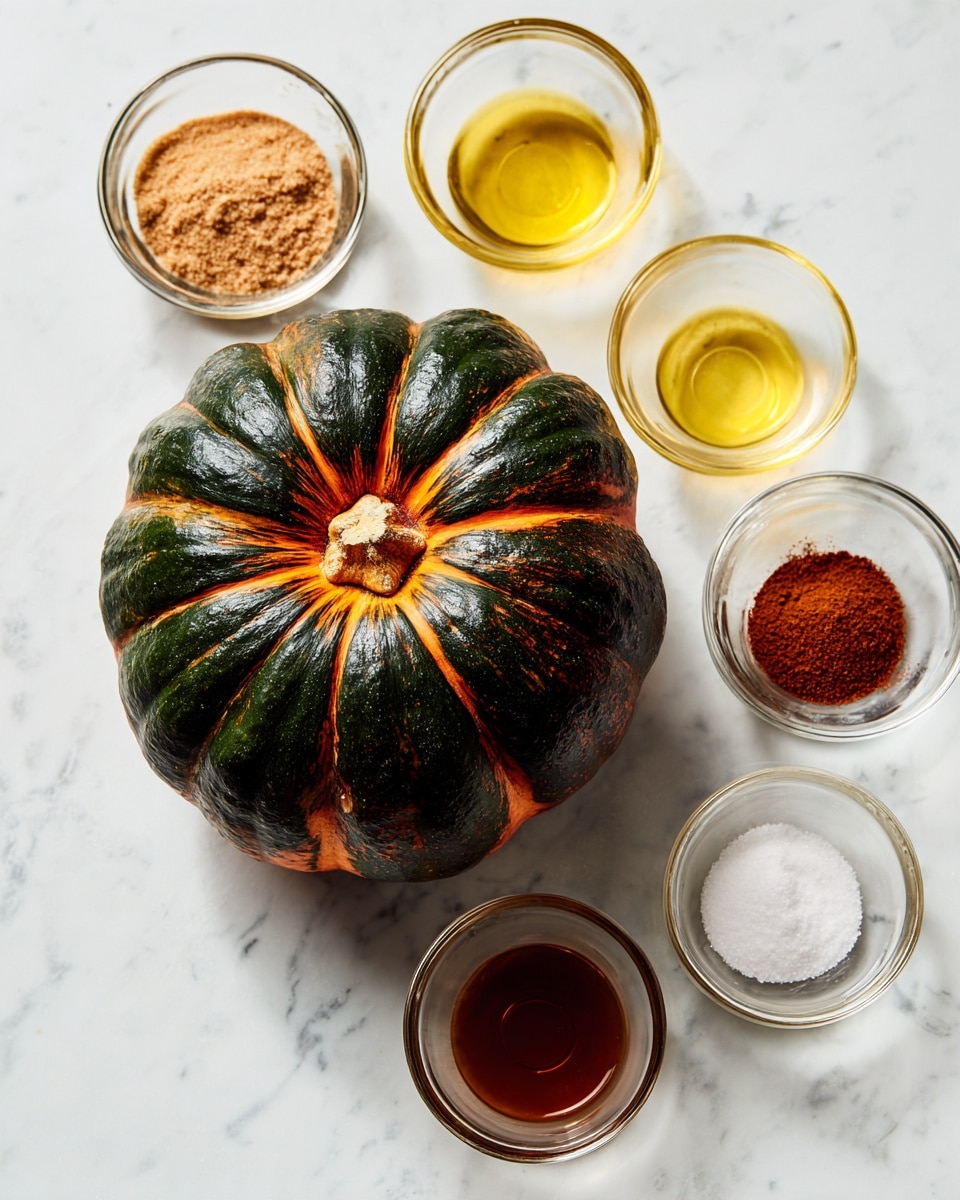 A whole acorn squash with a dark green and bright orange patch is placed at the center on a white marbled surface. Around it, five small clear glass bowls hold different ingredients: one with light brown sugar, one with yellow oil, one with white salt, one with red cinnamon powder, and one with a smaller amount of slightly darker cinnamon or spice powder. All items are neatly arranged and have a clean, simple look. Photo taken with an iphone --ar 4:5 --v 7