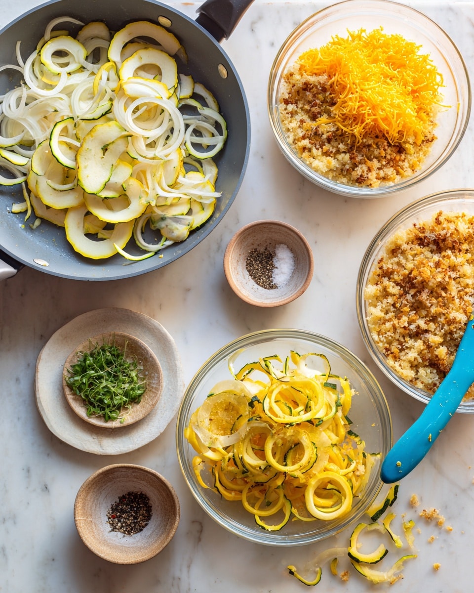 The image shows a cooking process on a white marbled surface with four clear glass bowls and a gray frying pan. In the frying pan, there are thinly sliced yellow squash and white onion rings. On the marble, three bowls hold a creamy liquid, a mix of orange shredded cheese and crumbs with green herbs, and bright yellow sliced squash with onion rings mixed underneath. Two small dishes contain black pepper and salt, and a small bowl has fresh green herbs. Another image part shows a larger glass bowl with the orange cheese crumbs mixed with herbs and crushed nuts, while a blue spatula stirs thin slices of yellow squash and onion rings combined with the crumb mix in a glass bowl. The scene has soft, even lighting. photo taken with an iphone --ar 4:5 --v 7