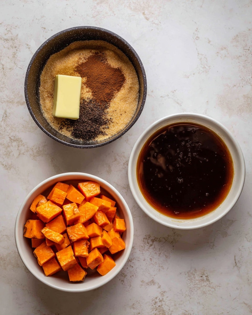 A three-part image shows the preparation of a sweet potato dish on a white marbled surface. On the left, a small dark pot contains a layer of light brown sugar covering the bottom, topped with a pale yellow stick of butter on the left, and sprinkled with darker brown spices on the right. The middle image shows the same pot filled with a smooth, dark brown liquid. Below it, a white bowl holds bright orange diced sweet potatoes in one layer, showing a firm texture. On the right, the same white bowl with the orange diced sweet potatoes is now drizzled with the dark brown liquid, evenly coating the top layer. Photo taken with an iphone --ar 4:5 --v 7