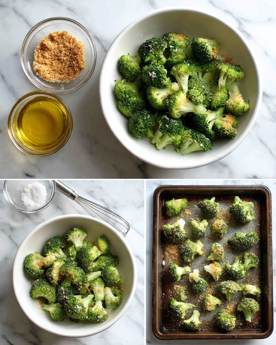 The image shows three stages of preparing broccoli with seasoning on a white marbled surface. The first part has a white bowl filled with fresh green broccoli florets, with a small clear glass bowl of light brown breadcrumbs mixed with herbs and a small glass bowl of golden oil nearby. The second part shows the same white bowl of broccoli with light brown breadcrumb mixture sprinkled on top, placed next to a small glass bowl with a whisk and what looks like coarse salt, and the golden oil still on the side. The third part shows broccoli spread out on an old dark baking tray, each green floret lightly coated with the breadcrumb mixture, all evenly spaced. Photo taken with an iphone --ar 4:5 --v 7