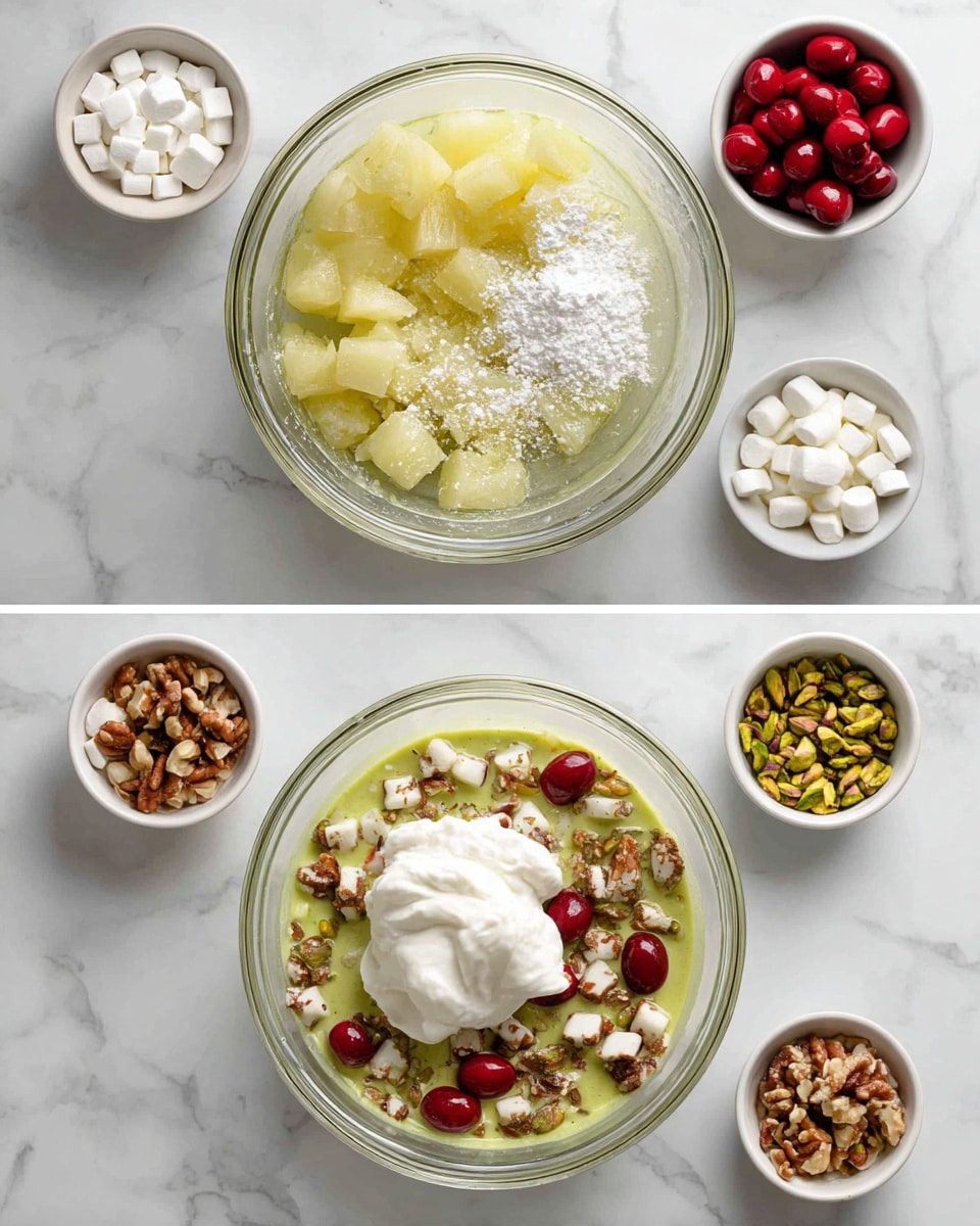 Three images show the process of making a green creamy dish in a clear glass bowl on a white marbled surface. In the first image, the bowl has pale yellow pineapple chunks and clear juice with a white powder on top. Around the bowl, there are small white bowls with red cherries, white mini marshmallows, chopped nuts, and green pistachios. In the second image, the same bowl now has added red cherries, white mini marshmallows, chopped nuts, and a big dollop of white cream on top of the pineapple and juice mixture. The small bowls with cherries, marshmallows, and nuts are still visible around. The third image shows the contents mixed into a light green creamy mixture, with mini marshmallows and nuts visible in the green texture inside the bowl. The same small bowls are around the bowl on the white marbled background. photo taken with an iphone --ar 4:5 --v 7