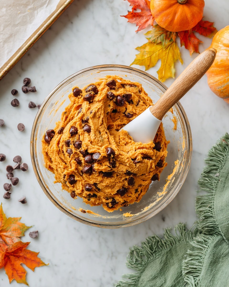 A clear glass bowl filled with thick, orange pumpkin cookie dough mixed with dark chocolate chips, with a wooden spatula that has a white tip resting inside the bowl, stirring the smooth and chunky dough. The bowl is placed on a white marbled surface sprinkled with a few extra chocolate chips. To the right, there is a small pale orange pumpkin and some bright orange and yellow autumn leaves. A green cloth with frayed edges lies beneath the bowl on the lower right corner, and the top left shows a corner of a baking pan with lined parchment paper. photo taken with an iphone --ar 4:5 --v 7