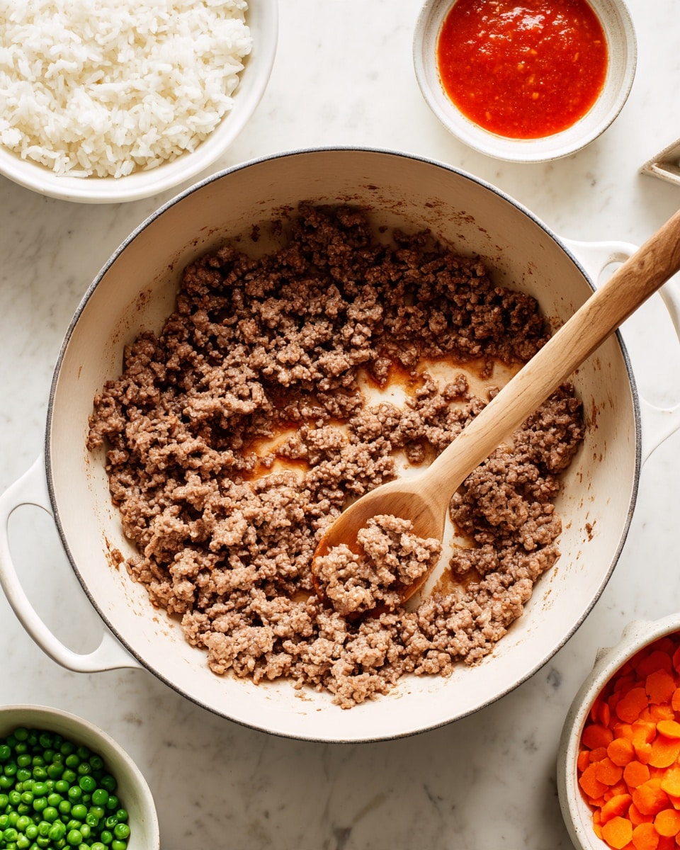 A large white pot with light brown cooked ground meat spread widely inside, showing some shiny oily juices mixing with the meat, with a light wooden spoon stirring the meat from the right side. Around the pot, on a white marbled surface, there are three white bowls: one filled with white rice at the top left, one filled with bright red sauce at the top right, and one filled with sliced carrots and green peas at the bottom left corner. The scene is well-lit and clear, showing simple cooking preparation. Photo taken with an iphone --ar 4:5 --v 7