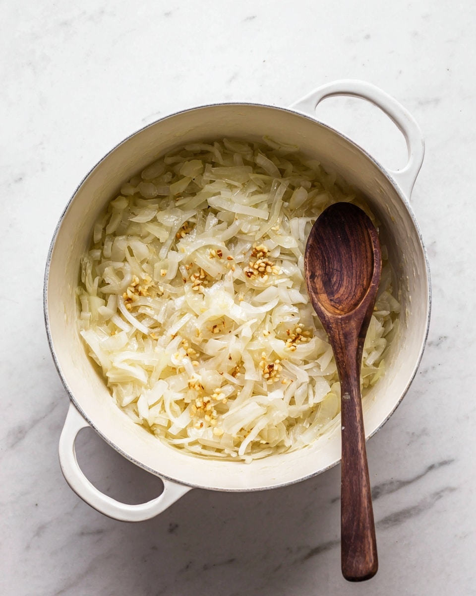 A white pot sits on a white marbled surface, filled with soft, translucent onion slices and small pieces of light brown garlic being gently cooked. Inside the pot, the onions form the main layer and have a slightly shiny, tender texture. A dark wooden spoon rests inside the pot on the right side, its smooth surface contrasting with the light colors of the onions and garlic. The white pot has two handles visible on each side, and the overall scene is bright and clean. Photo taken with an iphone --ar 4:5 --v 7
