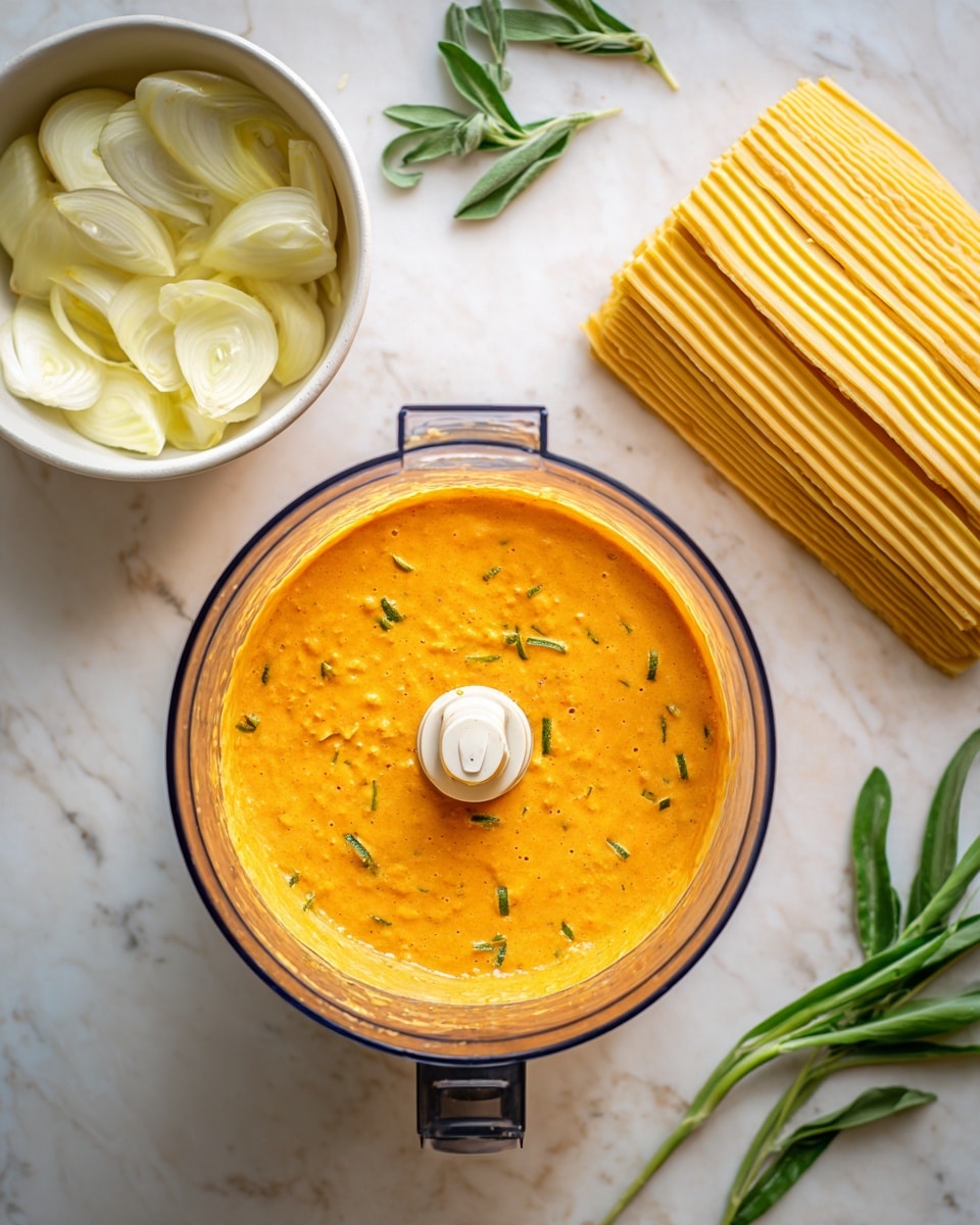 In the image, there is a glass food processor bowl filled with a smooth, bright orange sauce that has small green herb bits mixed in. To the left of the bowl, a white bowl with pale yellow onion slices is visible. Fresh green herb sprigs lie near the food processor, and to the right, a neat stack of light yellow lasagna sheets with a subtle texture rests on the white marbled surface. The scene has a clean, fresh look with no other items crowding the space, and the food processor is centered in the frame. photo taken with an iphone --ar 4:5 --v 7