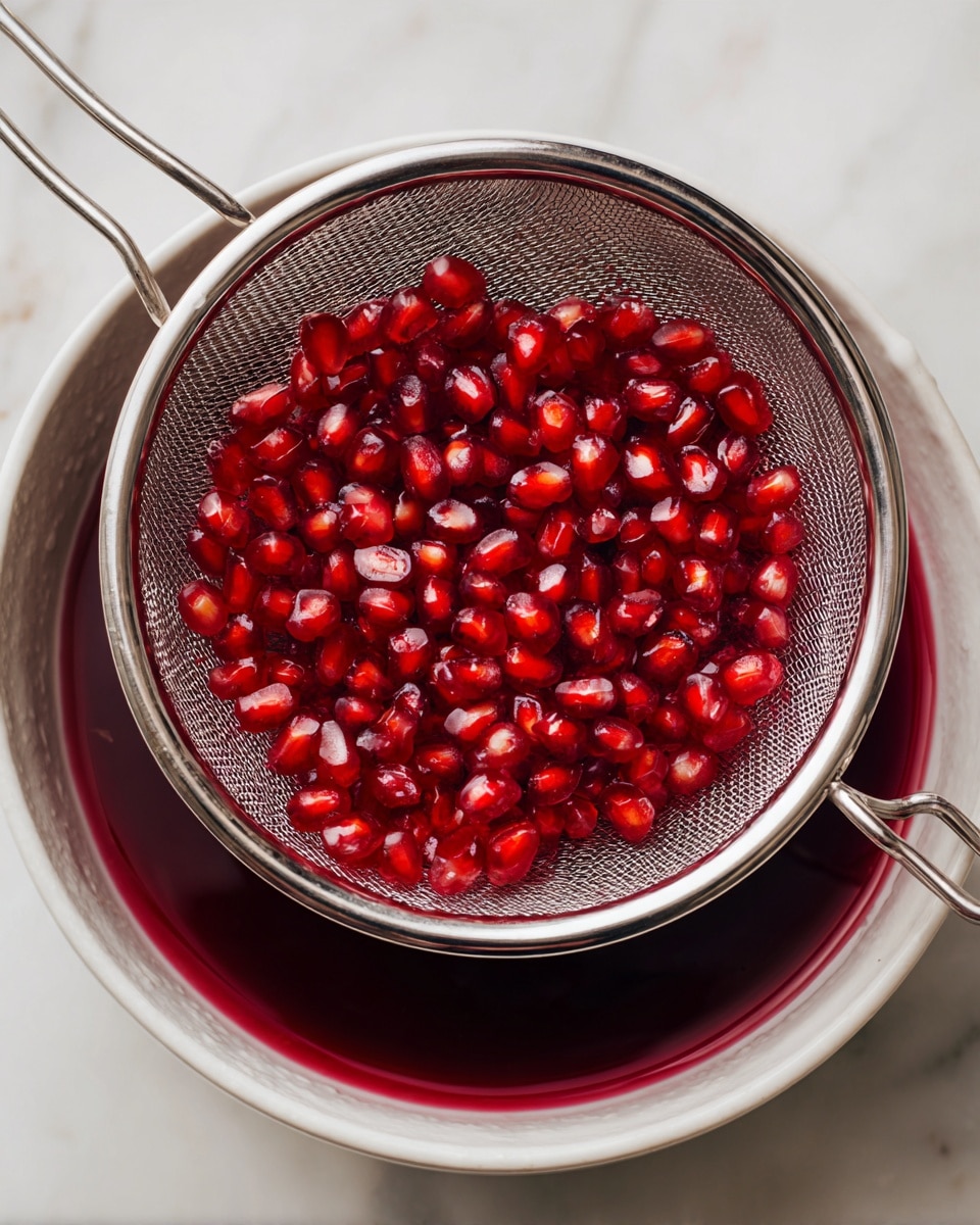 A shiny metal sieve filled with bright red pomegranate seeds sits on top of a white bowl holding deep red juice. The bowl is on a white marbled surface, with some red juice splashes visible around the edges. The seeds look juicy and fresh, with the fine mesh of the sieve clearly showing the colors and texture of the seeds below. photo taken with an iphone --ar 4:5 --v 7