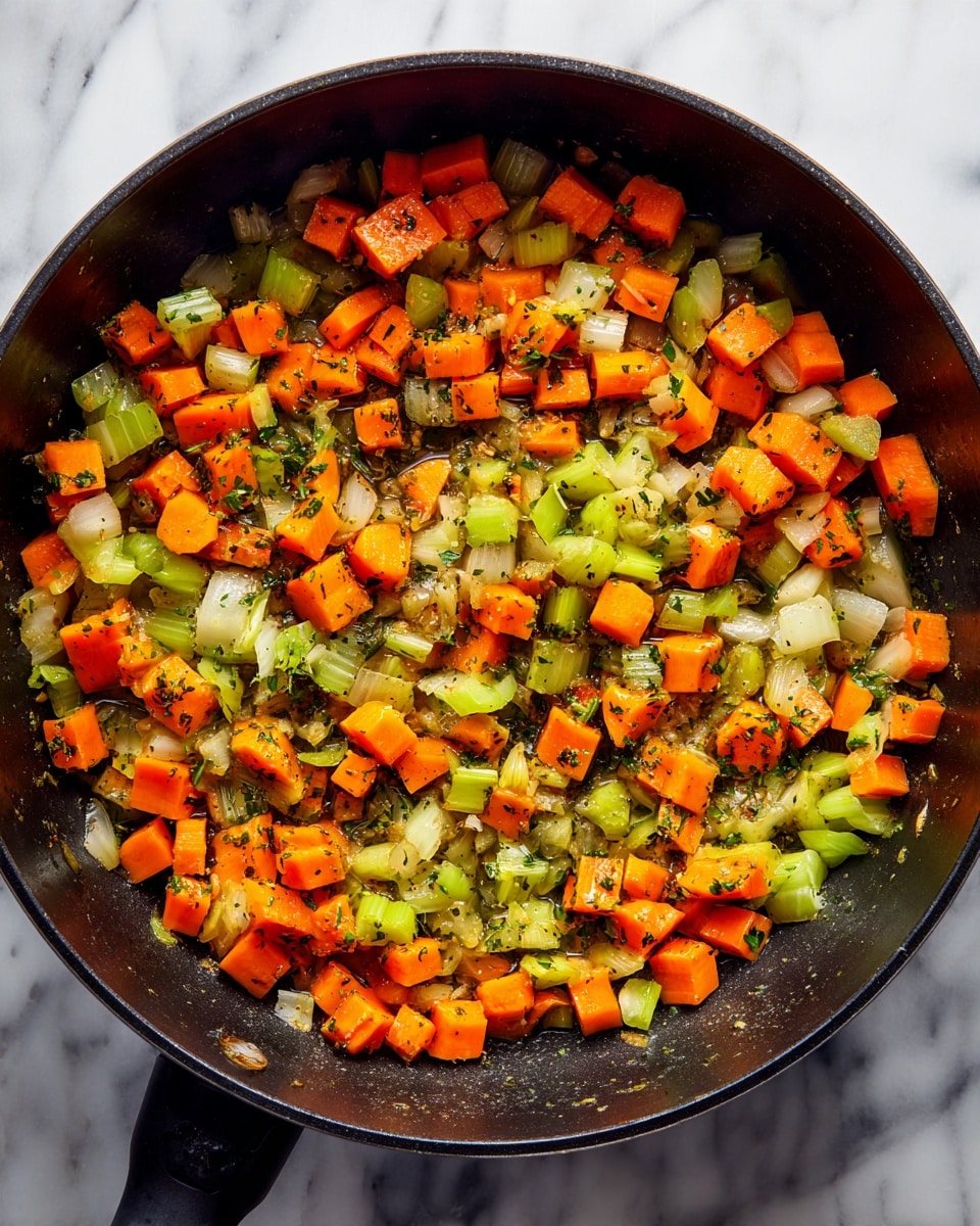 The image shows a close-up of a black cooking pot filled with diced cooked vegetables. The vegetables include bright orange carrot cubes, light green celery pieces, and small translucent cooked onion bits mixed with visible black herbs and spices. The vegetables are spread mostly around the edges of the pot, with the center of the pot being empty, showing a dark, slightly shiny cooking surface. The pot is on a white marbled surface. photo taken with an iphone --ar 4:5 --v 7