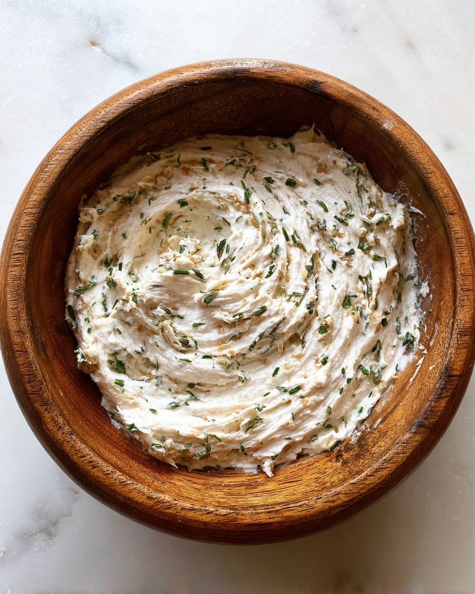 A wooden bowl filled with a creamy white mixture speckled with small green herb bits, spread unevenly around the inside of the bowl. The texture appears thick and mixed, with visible streaks and swirls showing the wood beneath in places. The surface underneath the bowl is a white marbled texture. photo taken with an iphone --ar 4:5 --v 7