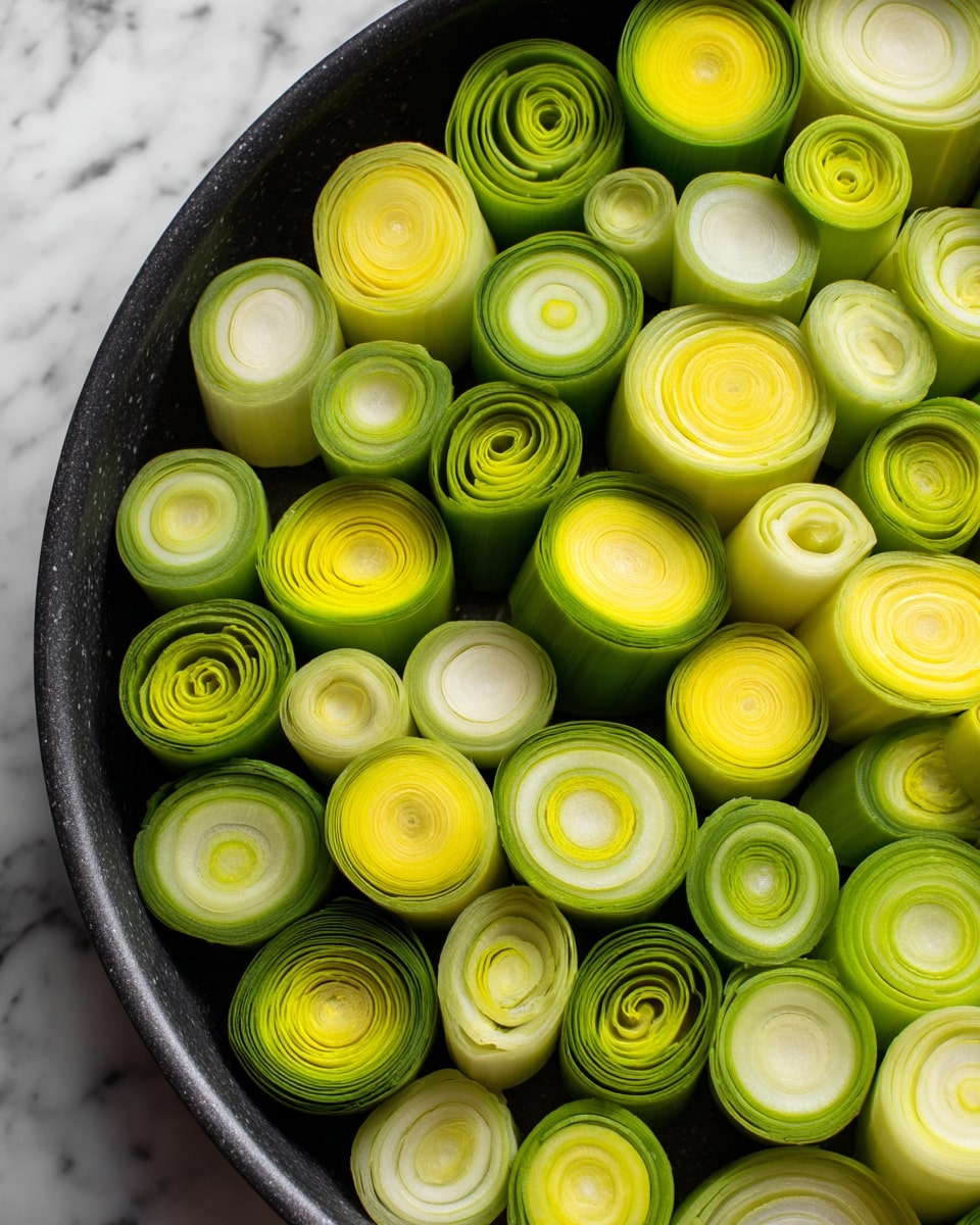 The image shows a black pan filled with many thick slices of leek arranged closely together. Each slice has several circular layers, ranging from light cream on the outer edges to bright green and yellow tones toward the center, showing a smooth, firm texture. The leeks are upright, and their cross sections display neat rings of varying shades of green and pale yellow. The pan’s dark color contrasts with the fresh, vibrant colors of the leeks. The scene is set against a white marbled surface. photo taken with an iphone --ar 4:5 --v 7
