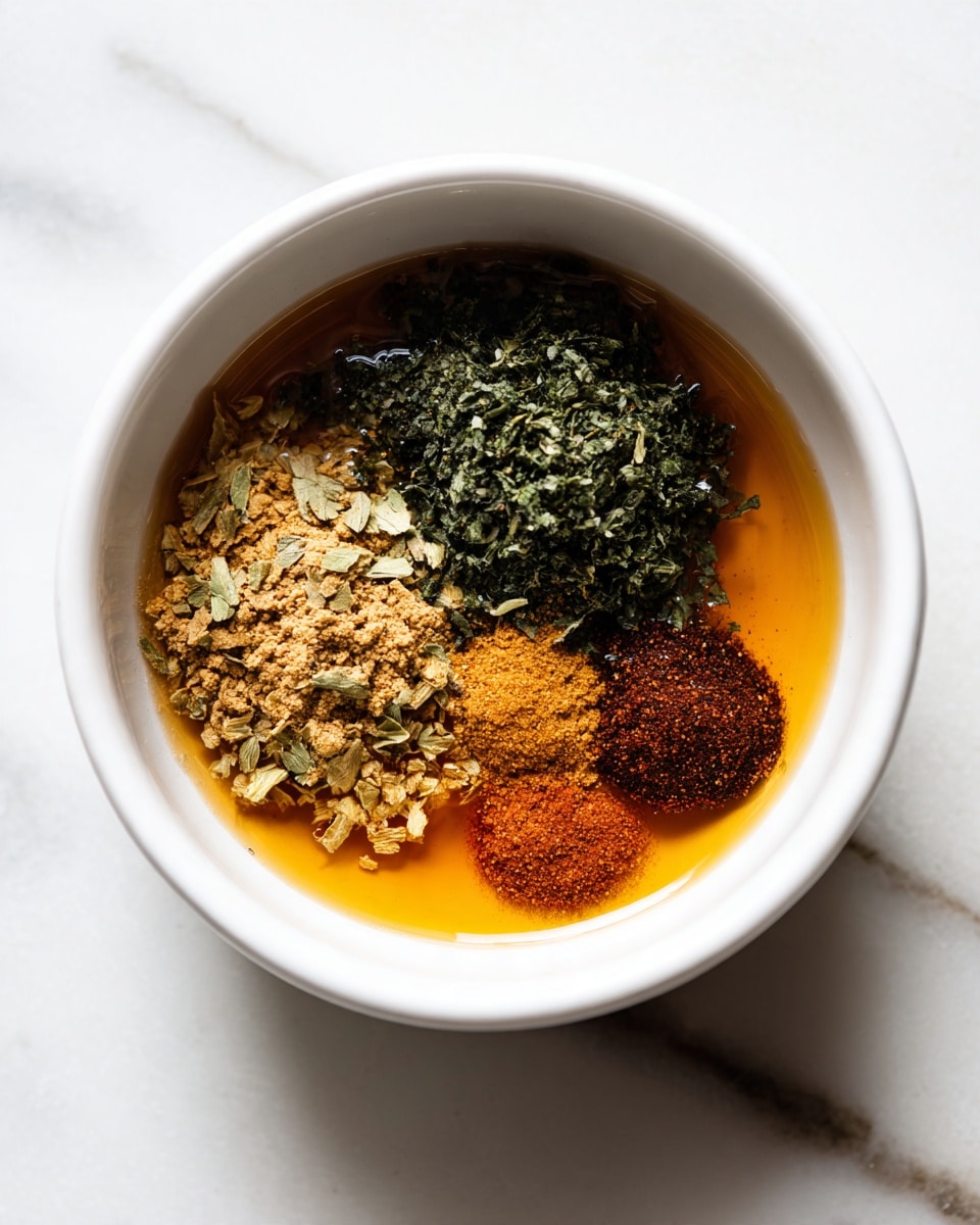 A white bowl filled with several herbs and spices sitting separately on a liquid base. On the top left is a dark green leafy chopped herb, below it is a pile of light brown dried herb flakes. To the right of these are small piles of reddish-brown and darker brown powdered spices. The colors and textures contrast sharply against the amber liquid they rest on. The bowl is on a white marbled surface. Photo taken with an iphone --ar 4:5 --v 7