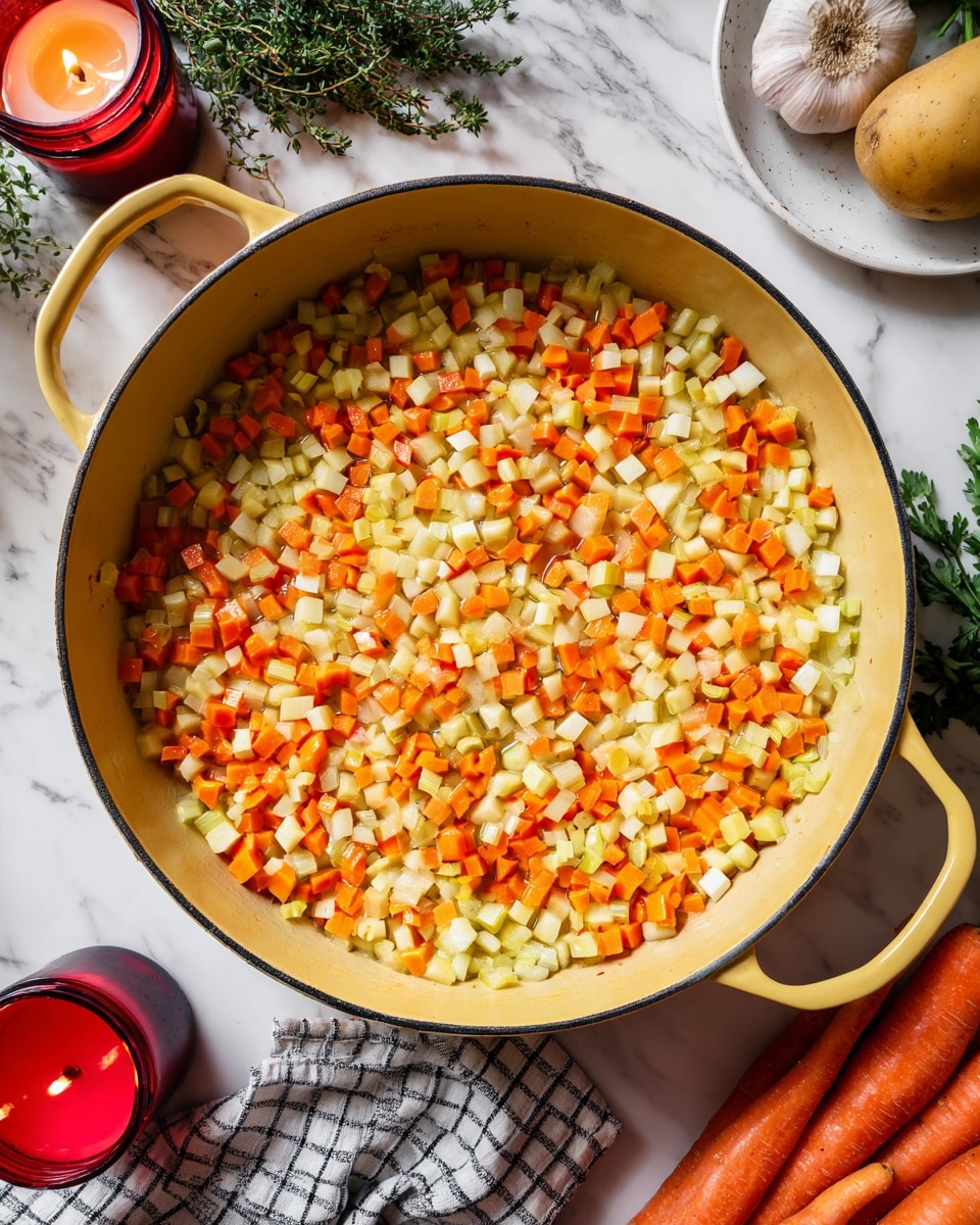 A yellow pan filled with small, diced pieces of white and orange vegetables, arranged evenly in a single layer covering the pan's surface, with a slight shine as they cook. Around the pan, there are whole carrots on the white marbled surface to the top right, a potato on a white plate to the top left, whole garlic bulbs near the center top, and fresh green herbs placed behind the pan. A red candle glows softly on the left edge, and a checkered cloth is partially visible under the pan. Photo taken with an iphone --ar 4:5 --v 7