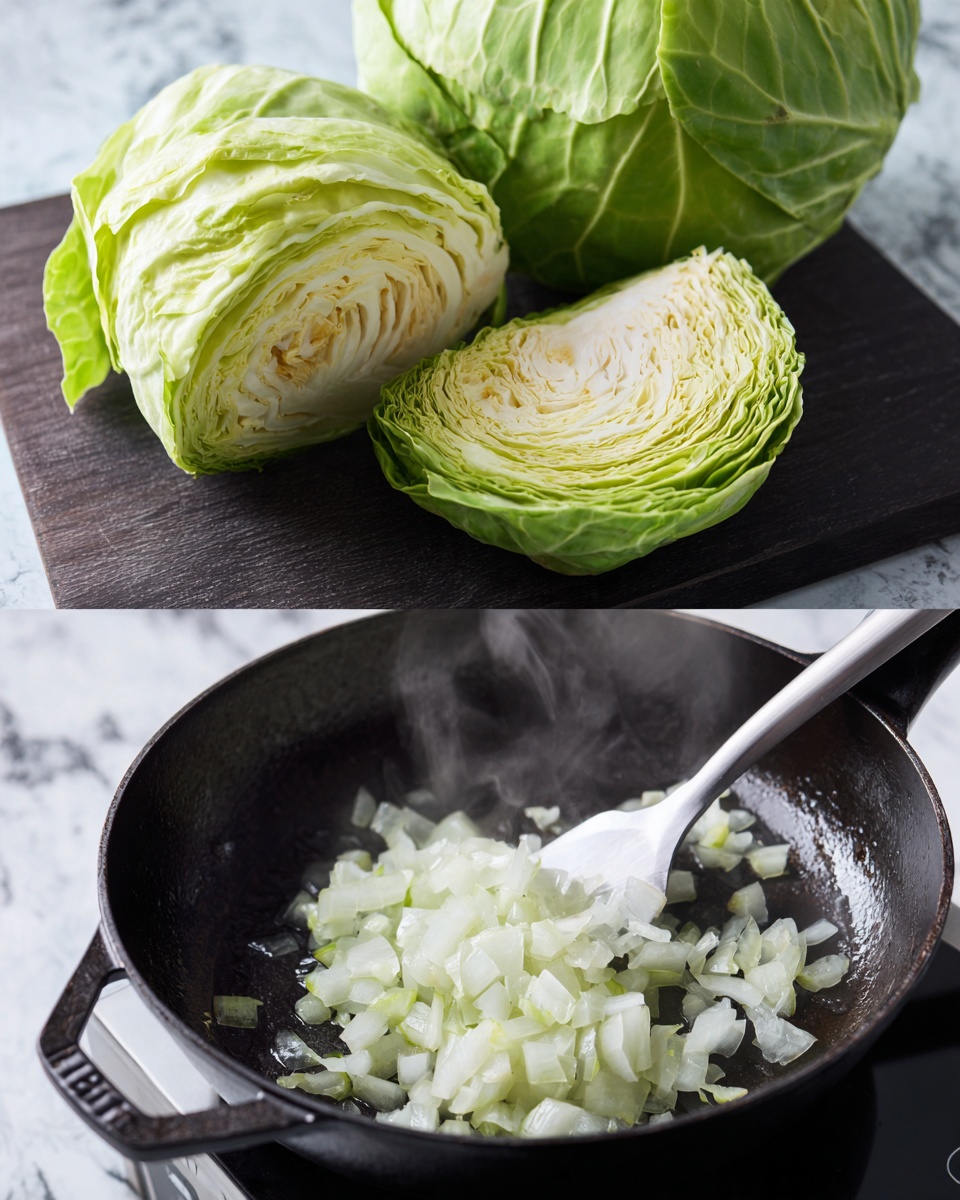 A fresh whole cabbage with bright green outer leaves and a pale green core, resting on a dark cutting board next to a small removed piece of cabbage. In the second image, there is a black cast iron pan on a stovetop with finely chopped white onions being cooked; the onions have a translucent look and some steam rises from the pan while a metal spatula stirs them. The background under both shots is a white marbled texture. Photo taken with an iphone --ar 4:5 --v 7