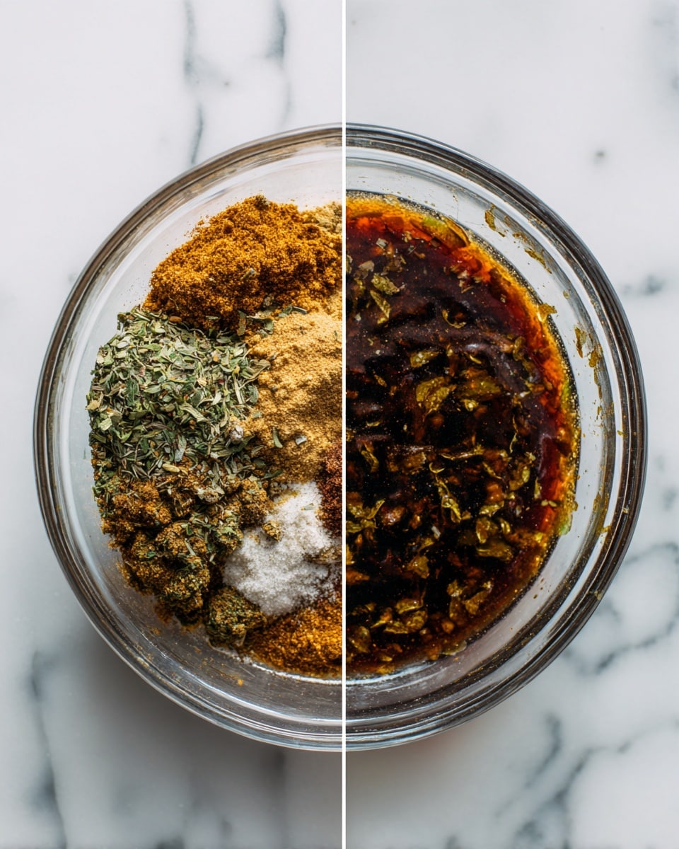 The image shows two side-by-side views of a clear glass bowl on a white marbled surface. The left side displays the bowl filled with many dry and liquid spices layered separately, including light brown powders, coarse green herbs, and a dark brown sauce at the bottom. On the right side, the spices are all mixed into a dark brown, slightly thick liquid with bits of herbs floating evenly throughout. The bowl is round and transparent, clearly showing the textures and colors of the spices inside. photo taken with an iphone --ar 4:5 --v 7