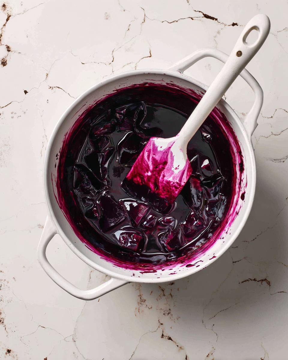 A white pot with two handles holds a thick, dark purple sauce with chunks inside. A white spatula with dark purple sauce on its edge rests inside the pot, stirring the sauce. The purple sauce has splattered around the inner sides of the pot, showing bright red stains near the top. The pot sits on a white marbled surface with visible cracks and small dark spots. photo taken with an iphone --ar 4:5 --v 7