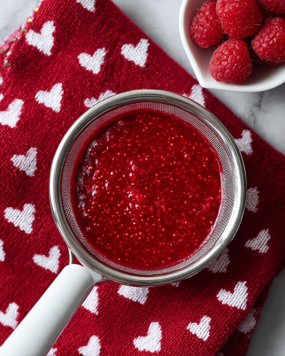 A close-up top view of a white-handled metal strainer filled with bright red raspberry puree mixed with small seeds, placed on a red knit cloth with white heart shapes. In the upper right corner, there is a small white dish holding a few whole fresh raspberries. The scene is set on a white marbled surface. The textures show the fine mesh of the strainer and the slightly chunky, wet texture of the raspberry mixture photo taken with an iphone --ar 4:5 --v 7