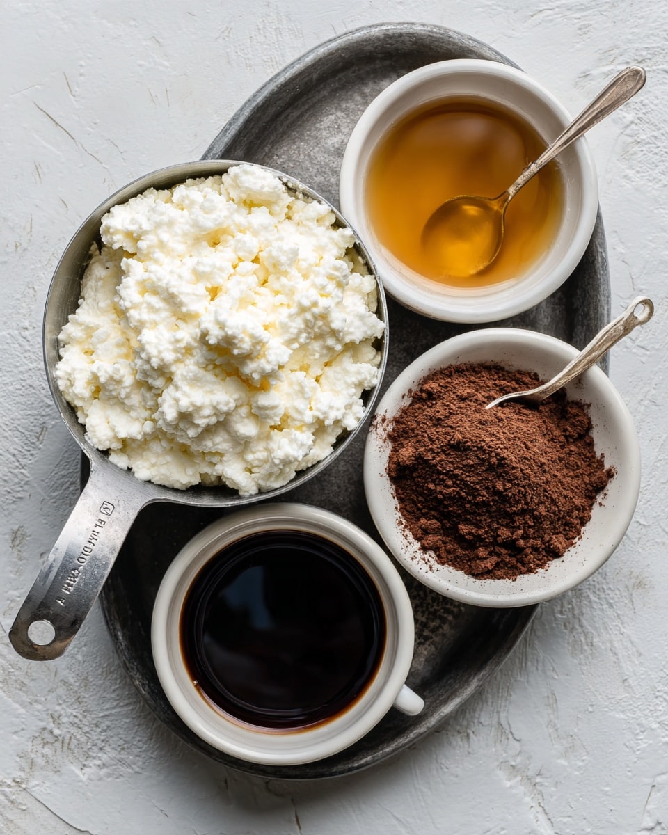 The image shows four white bowls and a silver measuring cup placed on a dark gray tray with a white marbled texture background. The silver measuring cup is filled to the top with white, bumpy cottage cheese. One white bowl contains a dark amber liquid, another holds light brown cocoa powder with a crumbly texture, and the last white bowl has a smaller amount of dark amber liquid, which looks thicker than the first. All items are neatly arranged with the measuring cup on the left and the bowls to the right. photo taken with an iphone --ar 4:5 --v 7
