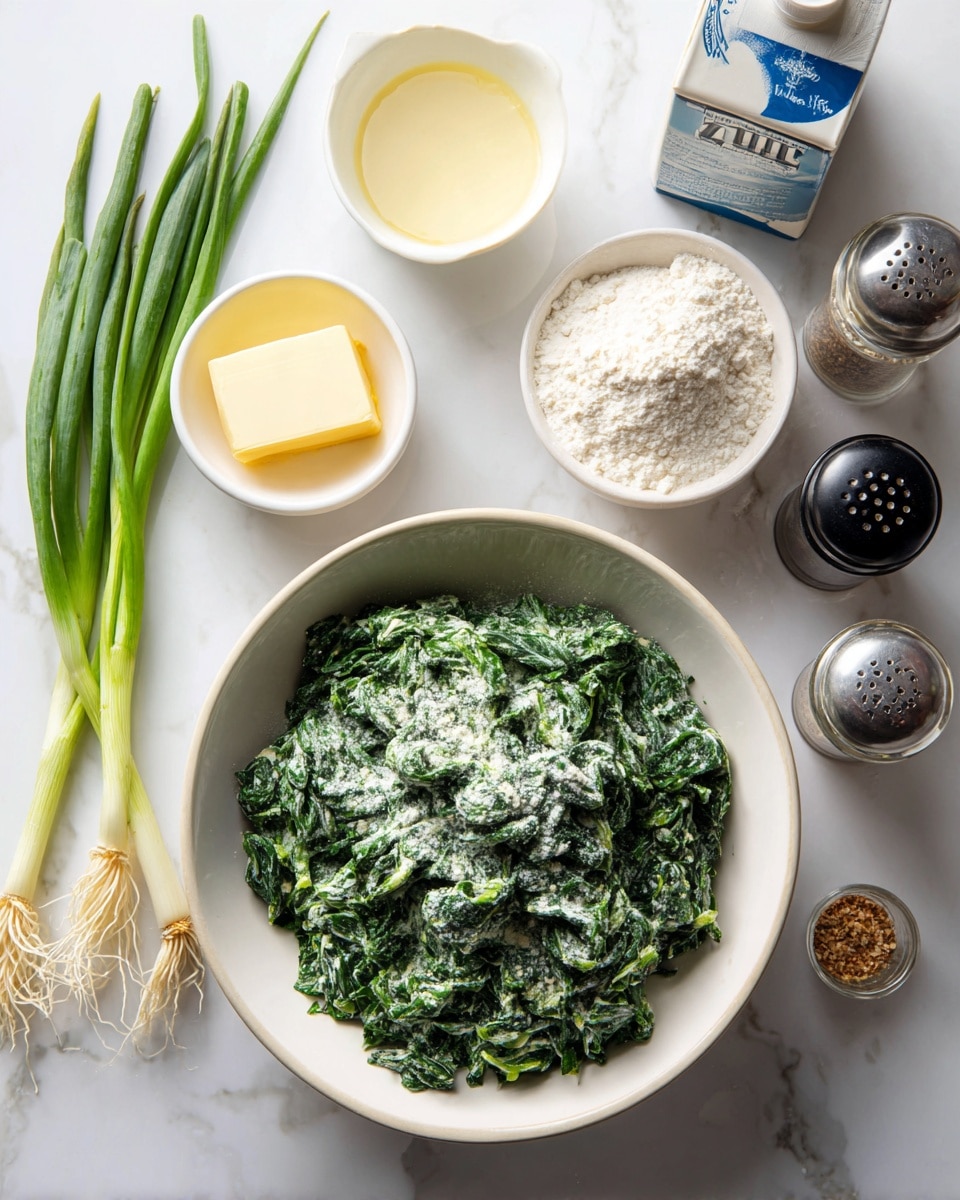 In the center of the image is a large white bowl filled with chopped green spinach coated in a light dusting of white powder. Above the bowl, there are two small white dishes, one with a yellow square of butter in some liquid and the other with a heap of white flour. To the left of the bowl, fresh green onions lay flat on a white marbled surface, while behind the bowl, there are two cartons, one blue and white with milk, the other cream colored, and four spice containers, including black and white pepper grinders and jars labeled garlic powder and nutmeg. The scene is bright and clean. Photo taken with an iphone --ar 4:5 --v 7