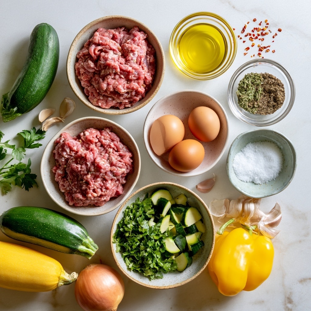 A wooden board holds five neat piles of chopped ingredients arranged horizontally from left to right on a white marbled surface. The first pile is white chopped onions with uneven edges, next to it two small white bowls filled with minced garlic and mixed dried herbs and chili flakes. To the right, there are small diced yellow squash pieces, followed by similarly cut green zucchini cubes, and lastly, finely chopped red bell peppers. The textures are fresh and crisp, with vibrant natural colors clearly visible. Photo taken with an iphone --ar 4:5 --v 7