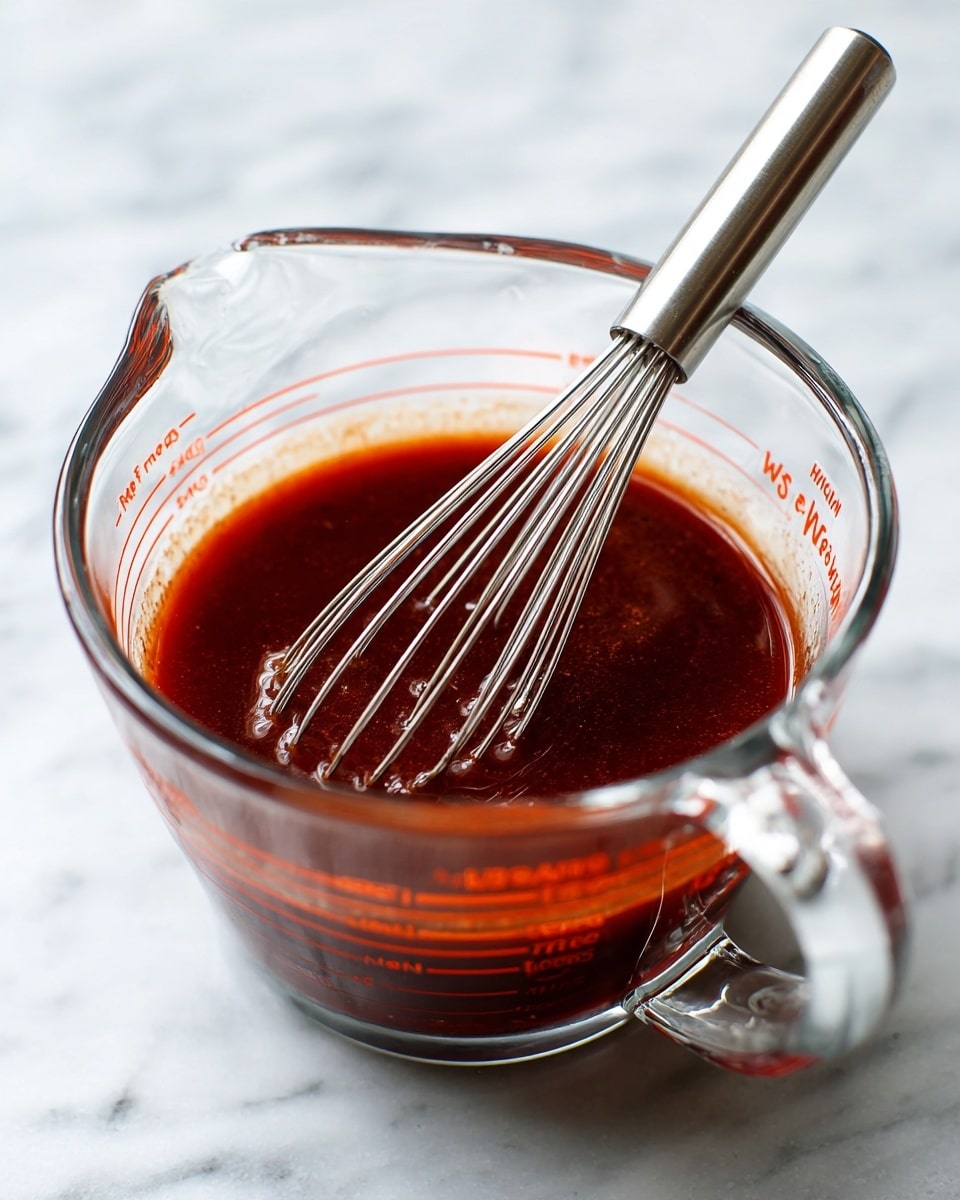 A clear glass measuring cup filled with a smooth, dark reddish-brown liquid, with a silver metal whisk standing inside the liquid at the center, the whisk wires visible and slightly covered by the liquid. The measuring cup has visible red-orange markings and the glass rim is slightly reflective. The whole scene is set on a white marbled texture surface. photo taken with an iphone --ar 4:5 --v 7