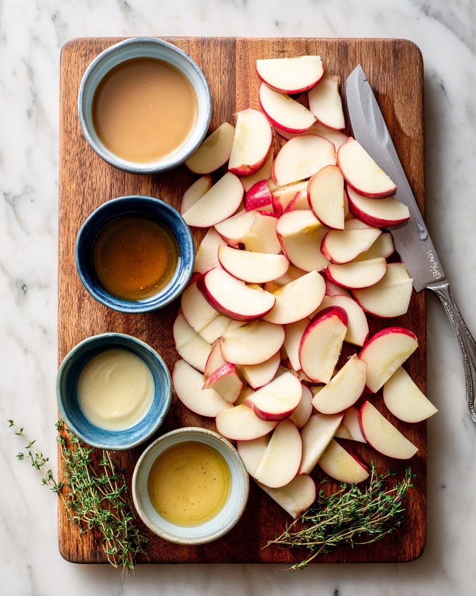 A wooden board is placed on a white marbled surface, filled with many thin slices of apple with red skin and white inside, layered in a scattered pile on the right side of the board next to a large metal knife. To the left of the apple slices, there are four small bowls placed closely together, each filled with different sauces: one bowl has a light brown smooth sauce, the next has a pale brown smooth liquid, a dark blue bowl contains a translucent amber liquid, and a small light blue bowl holds whole grain mustard. At the bottom right corner of the board, there are small green sprigs of thyme arranged neatly. Photo taken with an iphone --ar 4:5 --v 7